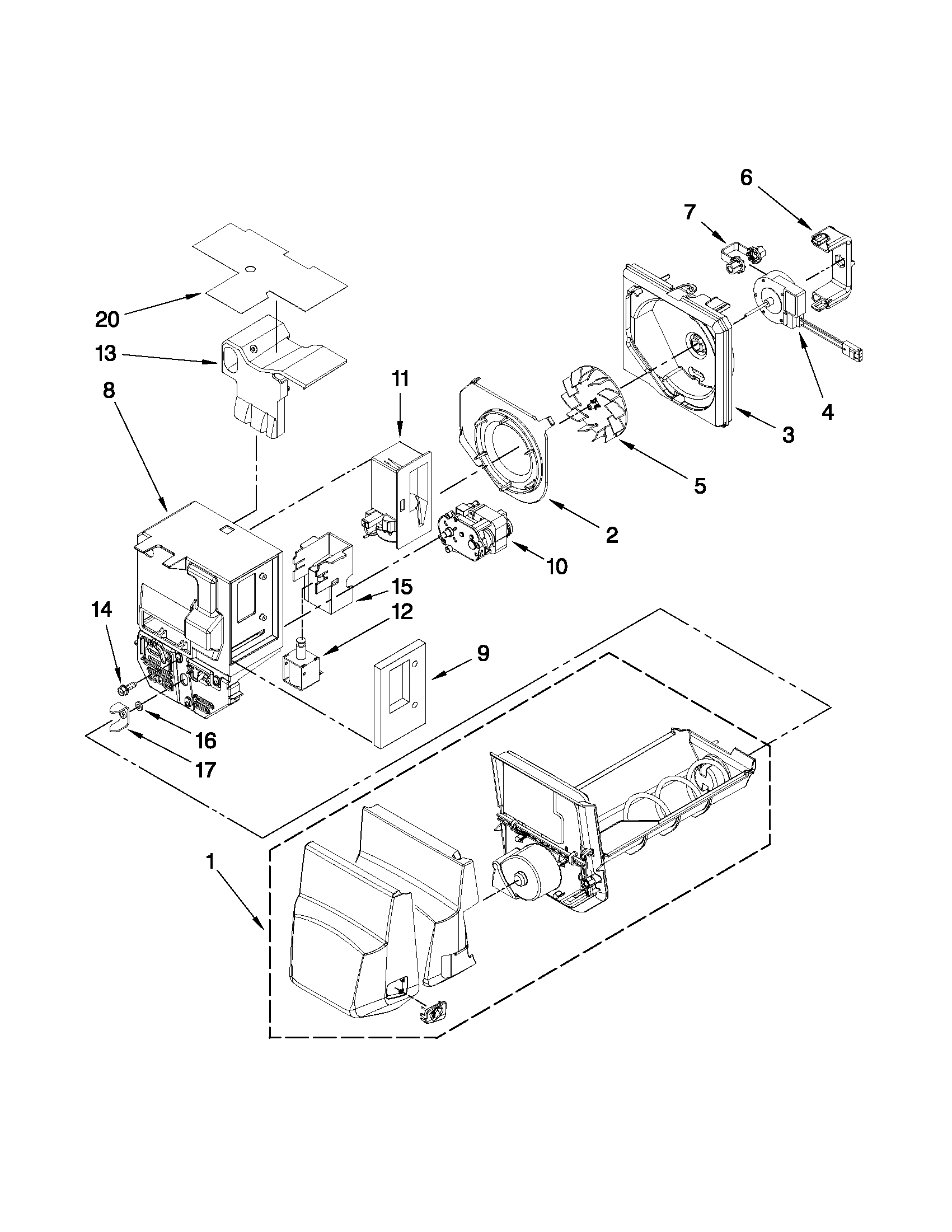 Whirlpool GI6FARXXF00 motor and ice container parts diagram