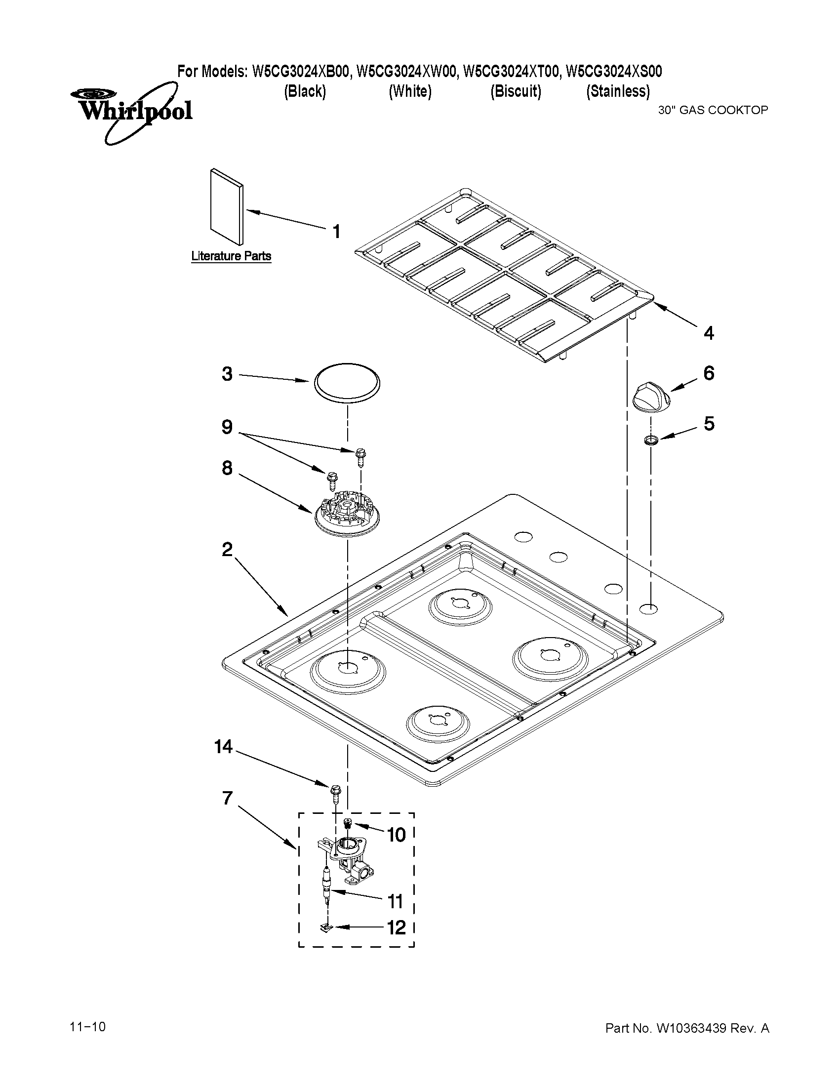 Whirlpool W5CG3024XT00 cooktop, burner and grate parts diagram