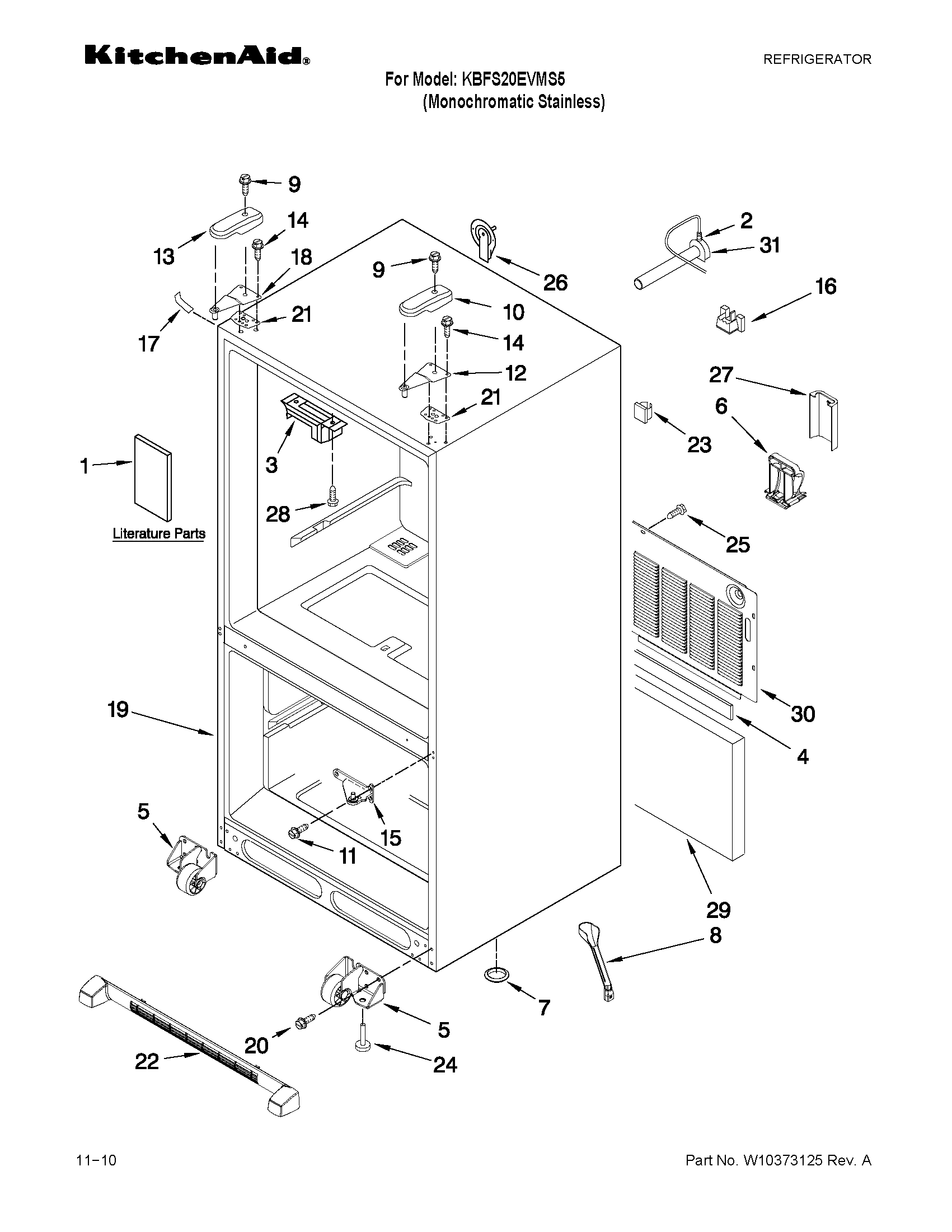 KitchenAid KBFS20EVMS5 cabinet parts diagram