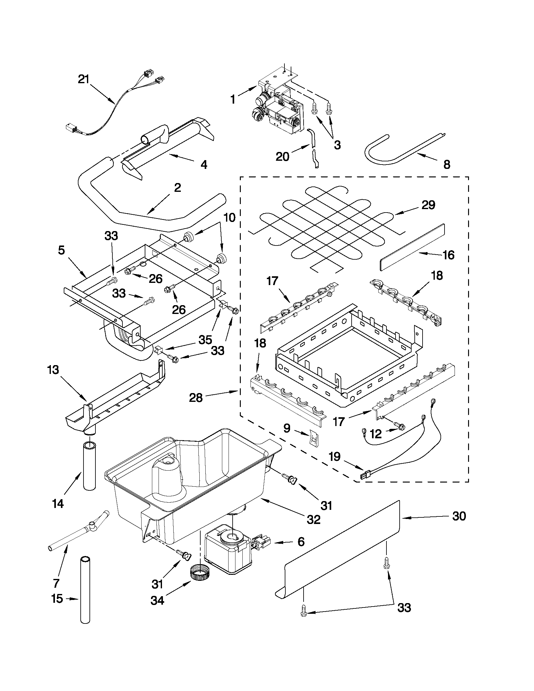 Whirlpool GI15NFRXS0 evaporator, ice cutter grid and water parts diagram