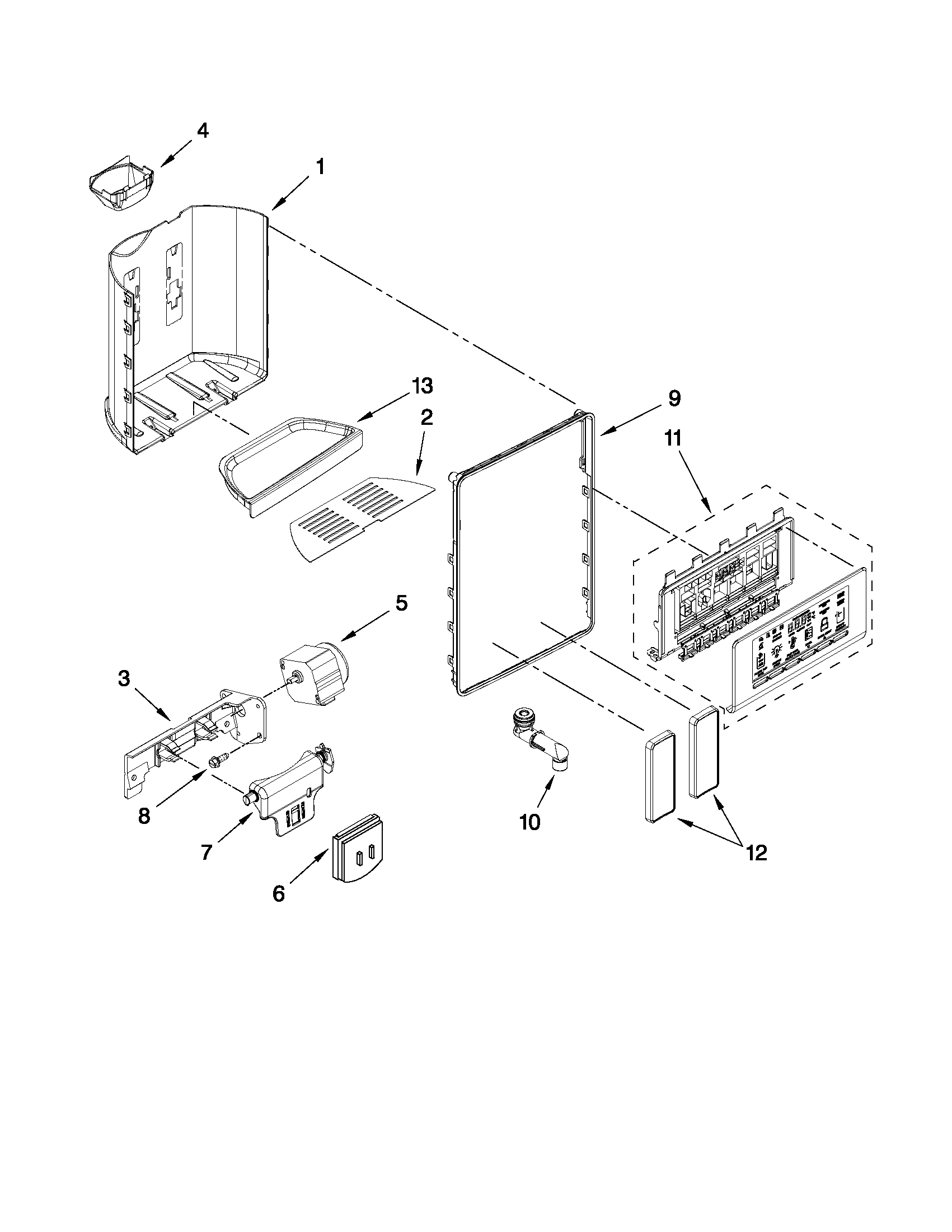 Whirlpool 7WSC19D2XW00 dispenser front parts diagram