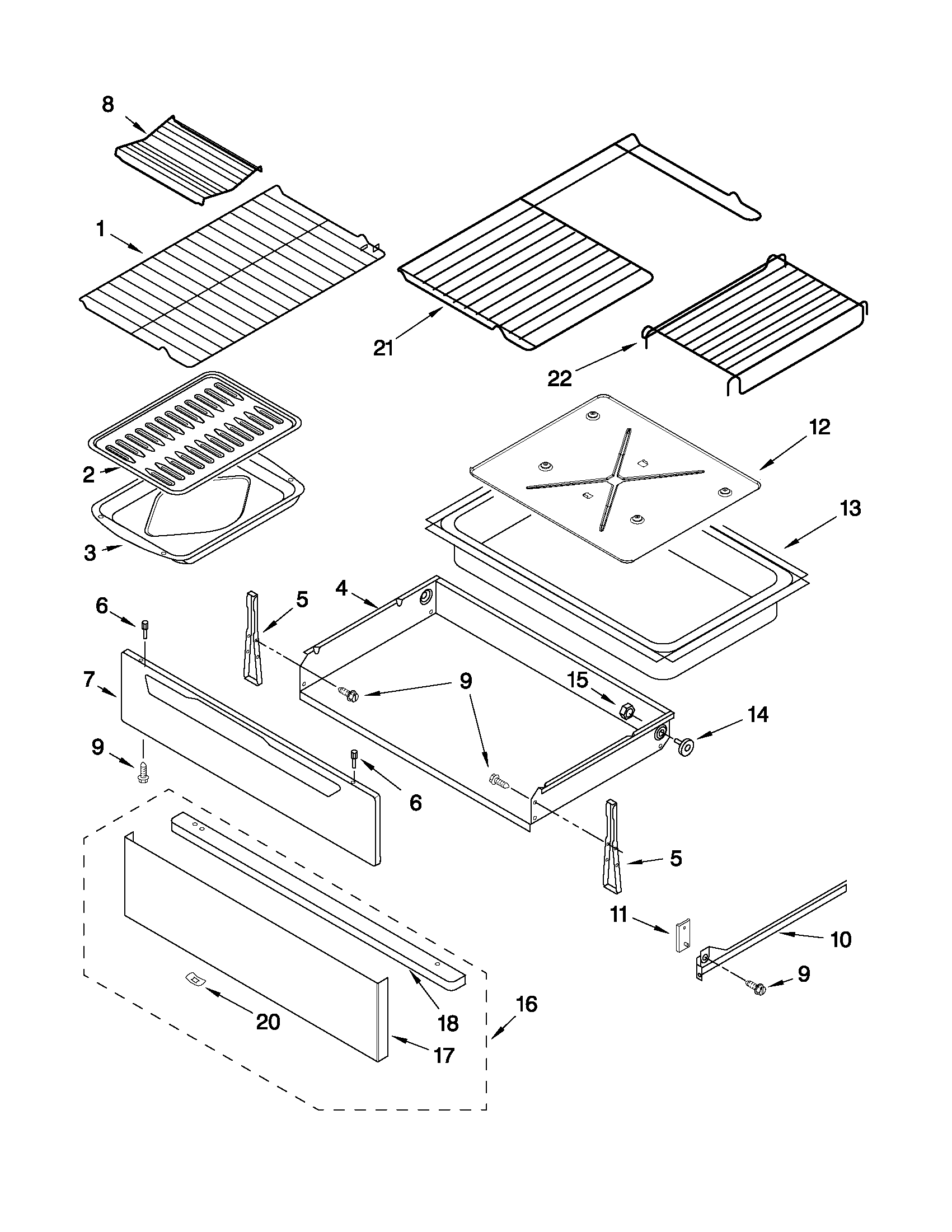 Whirlpool GR478LXPB0 drawer & broiler parts diagram