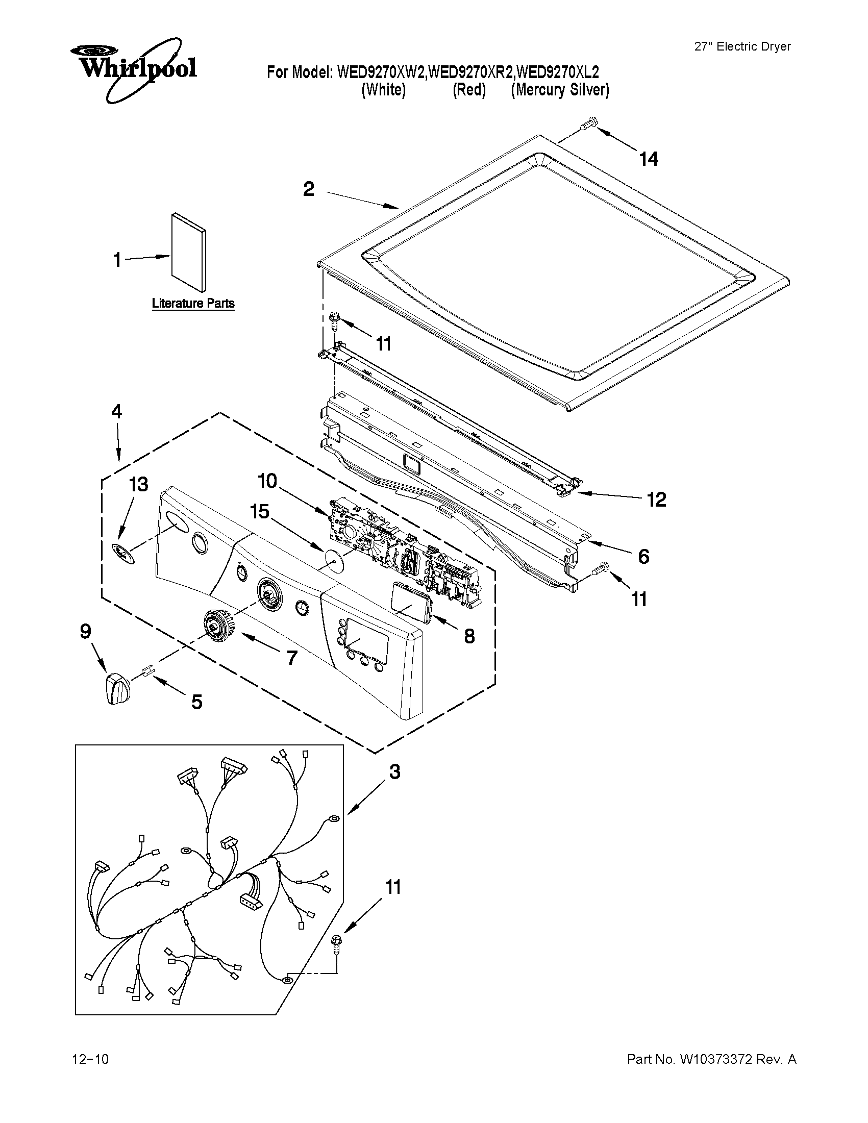Whirlpool WED9270XR2 top and console parts diagram
