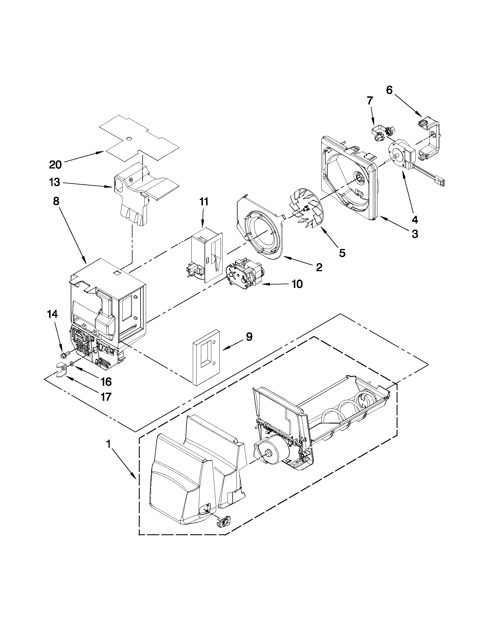 Whirlpool GI0FSAXVY06 motor and ice container parts diagram