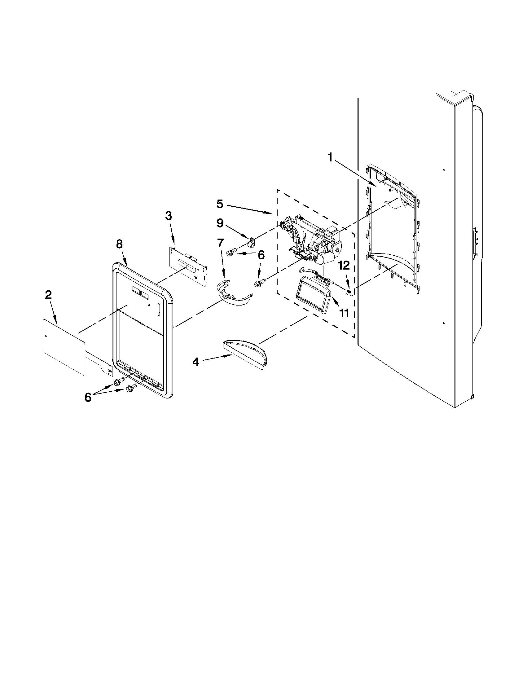 Whirlpool GI0FSAXVY06 dispenser front parts diagram