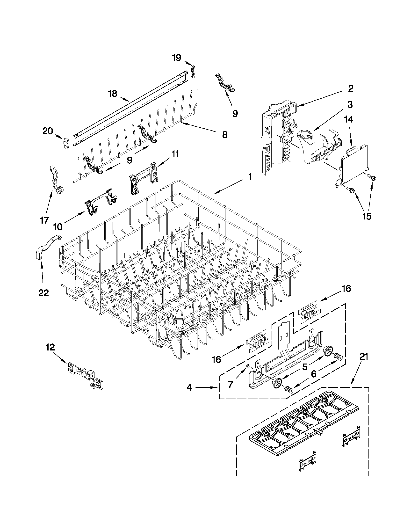 Whirlpool GU2800XTVT2 upper rack and track parts diagram