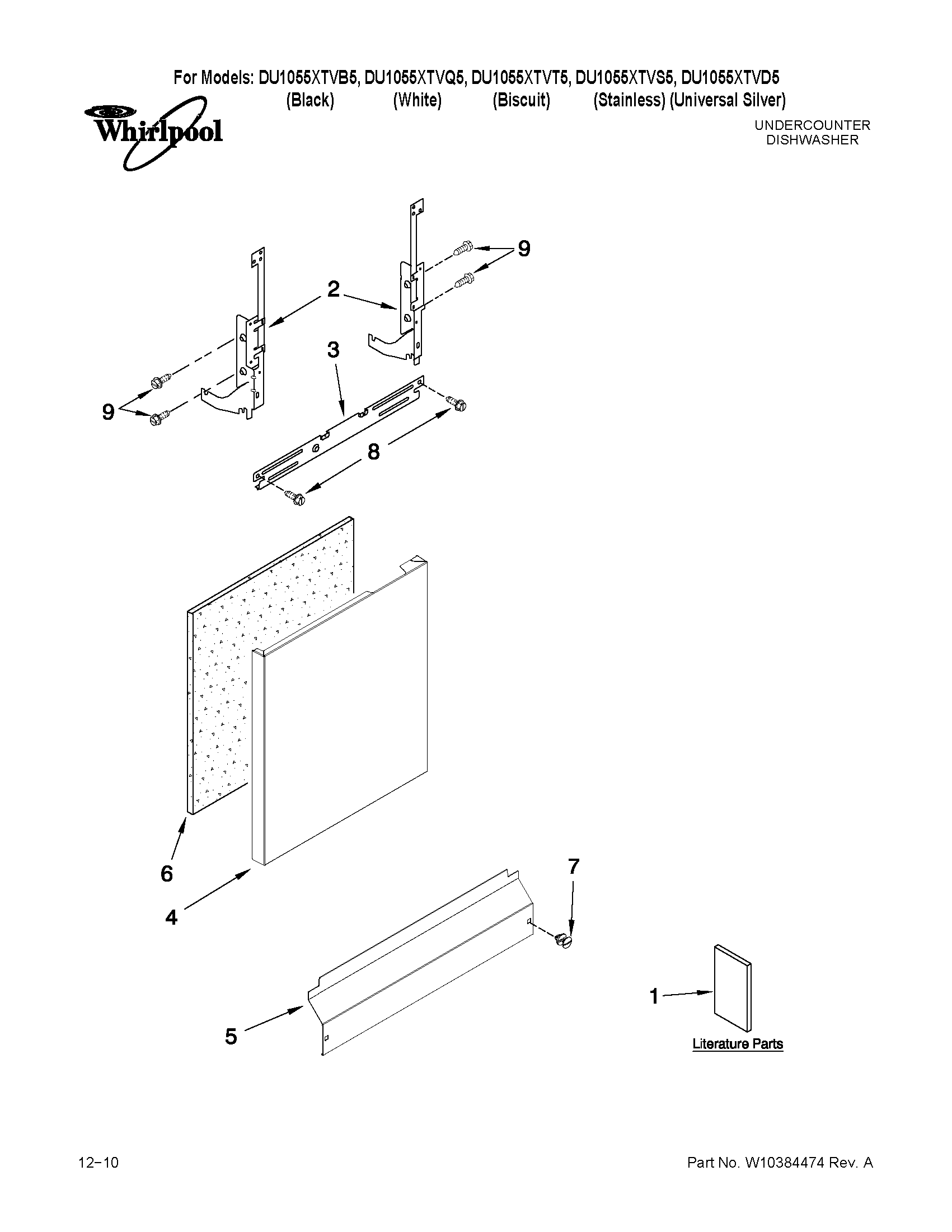 Whirlpool DU1055XTVT5 door and panel parts diagram