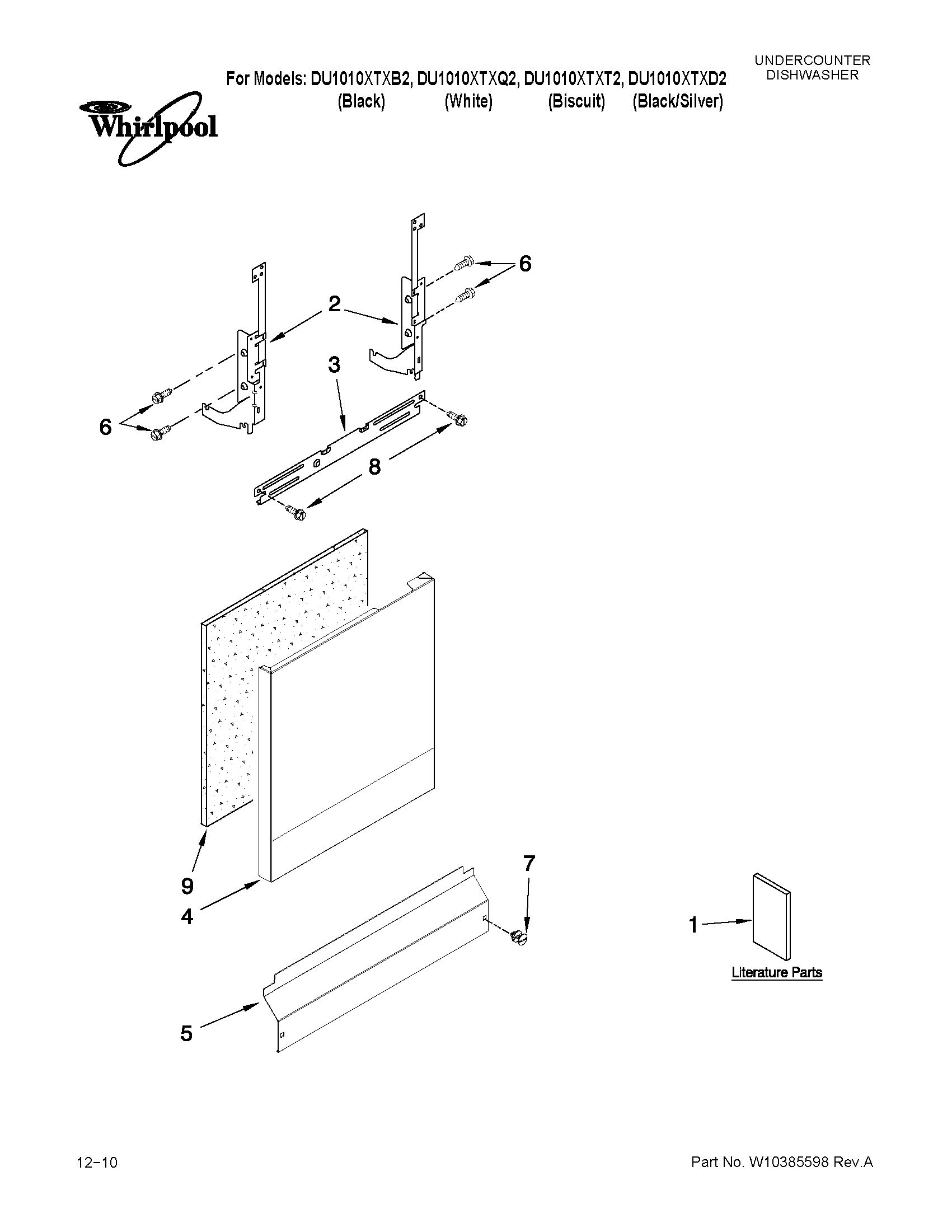 Whirlpool DU1010XTXQ2 door and panel parts diagram