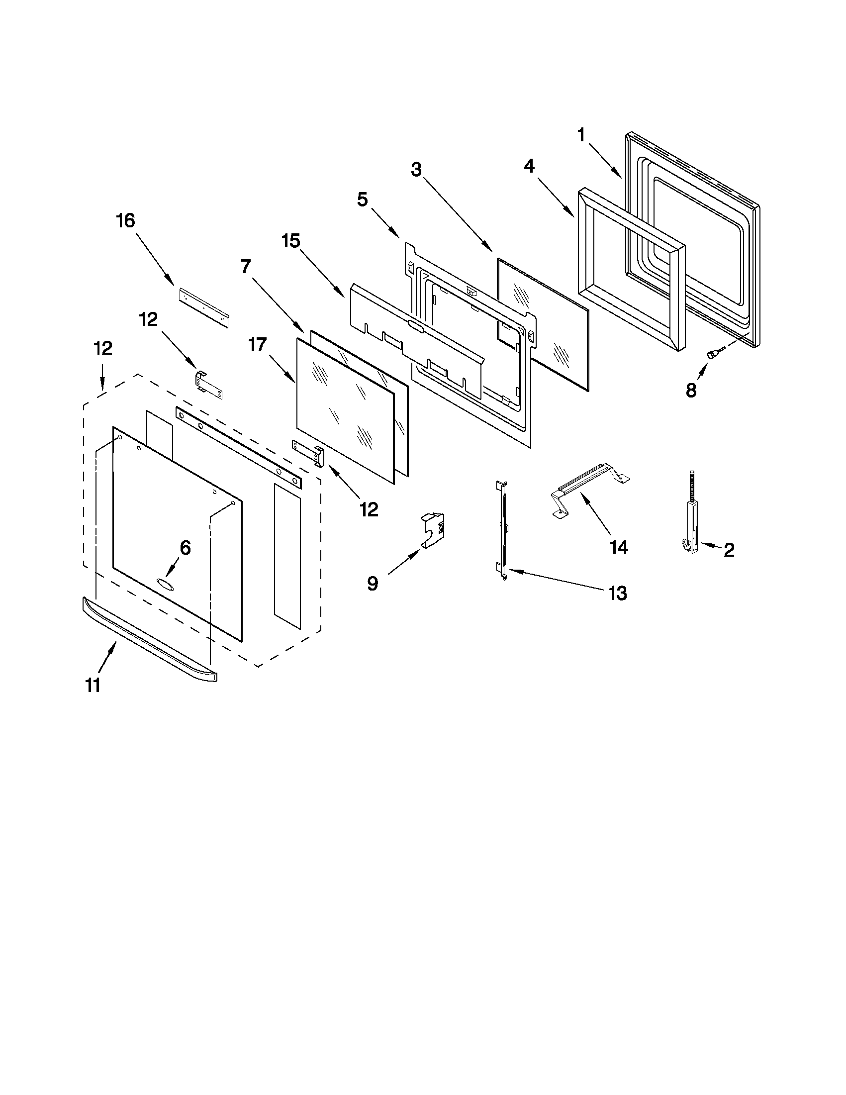 Whirlpool RBD305PVT03 upper oven door parts diagram