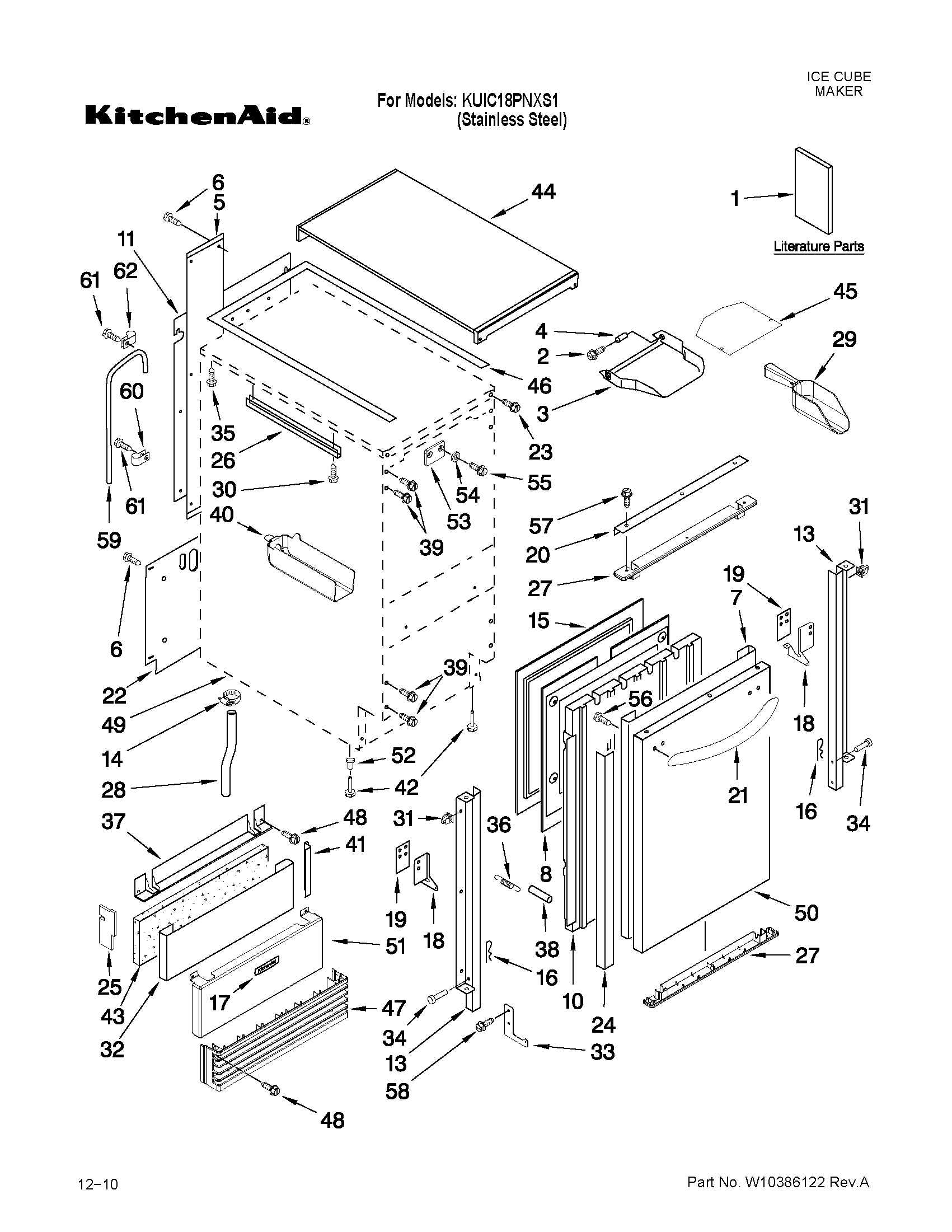 KitchenAid KUIC18PNXS1 cabinet liner and door parts diagram