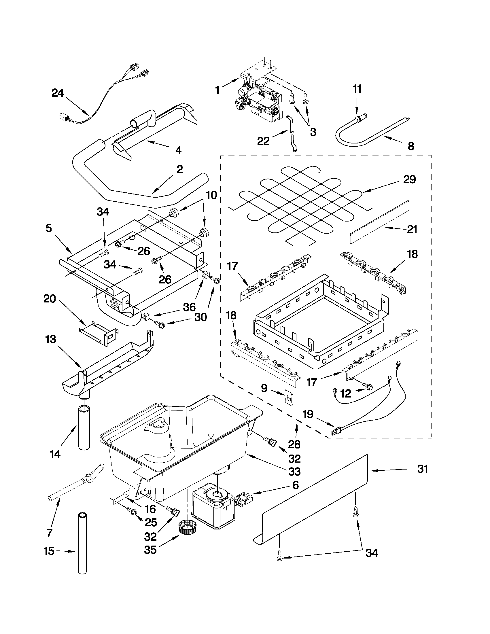 KitchenAid KUIC18PNXS1 evaporator, ice cutter grid and water parts diagram