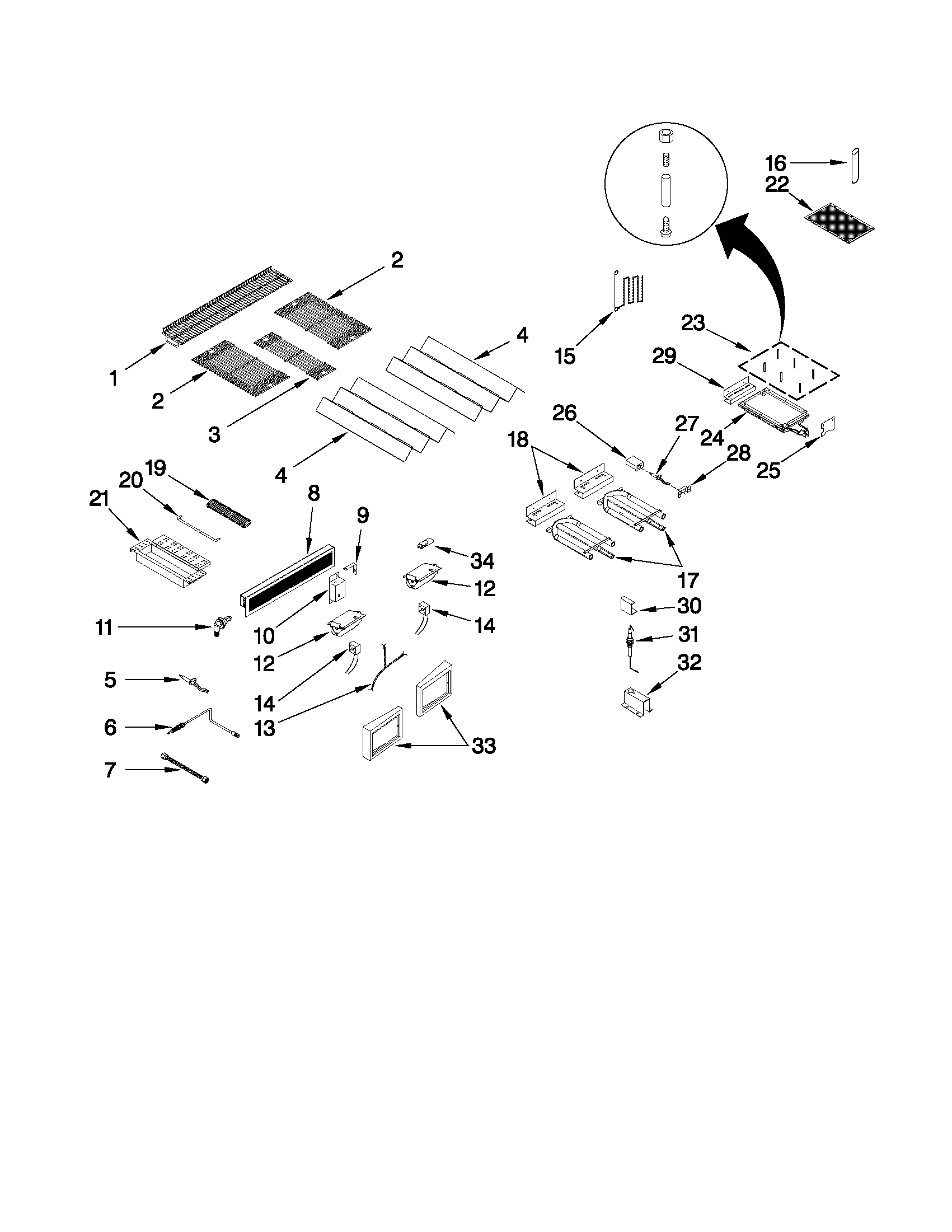 KitchenAid KBSU367TSS00 burners, grates, and lights parts diagram