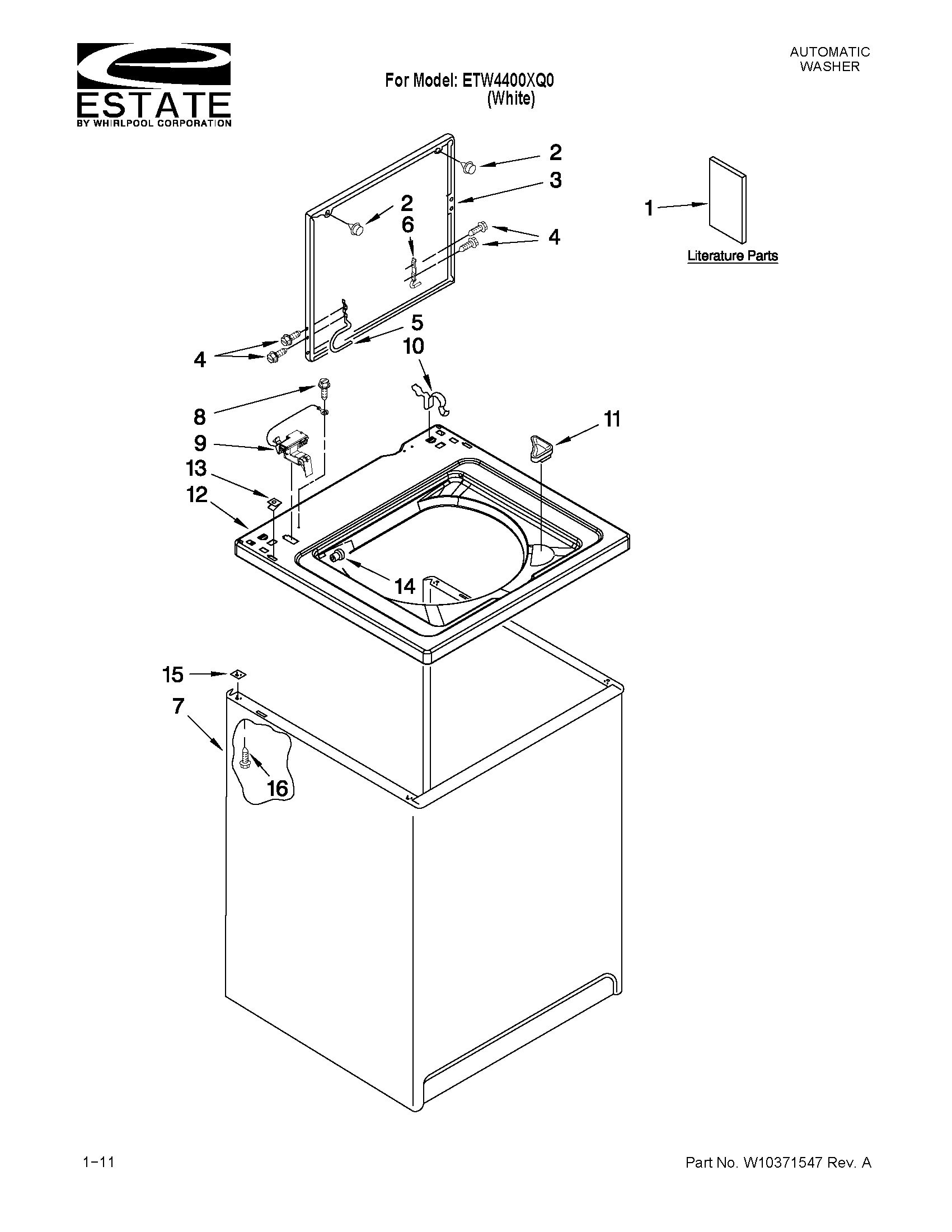 Estate ETW4400XQ0 top and cabinet parts diagram