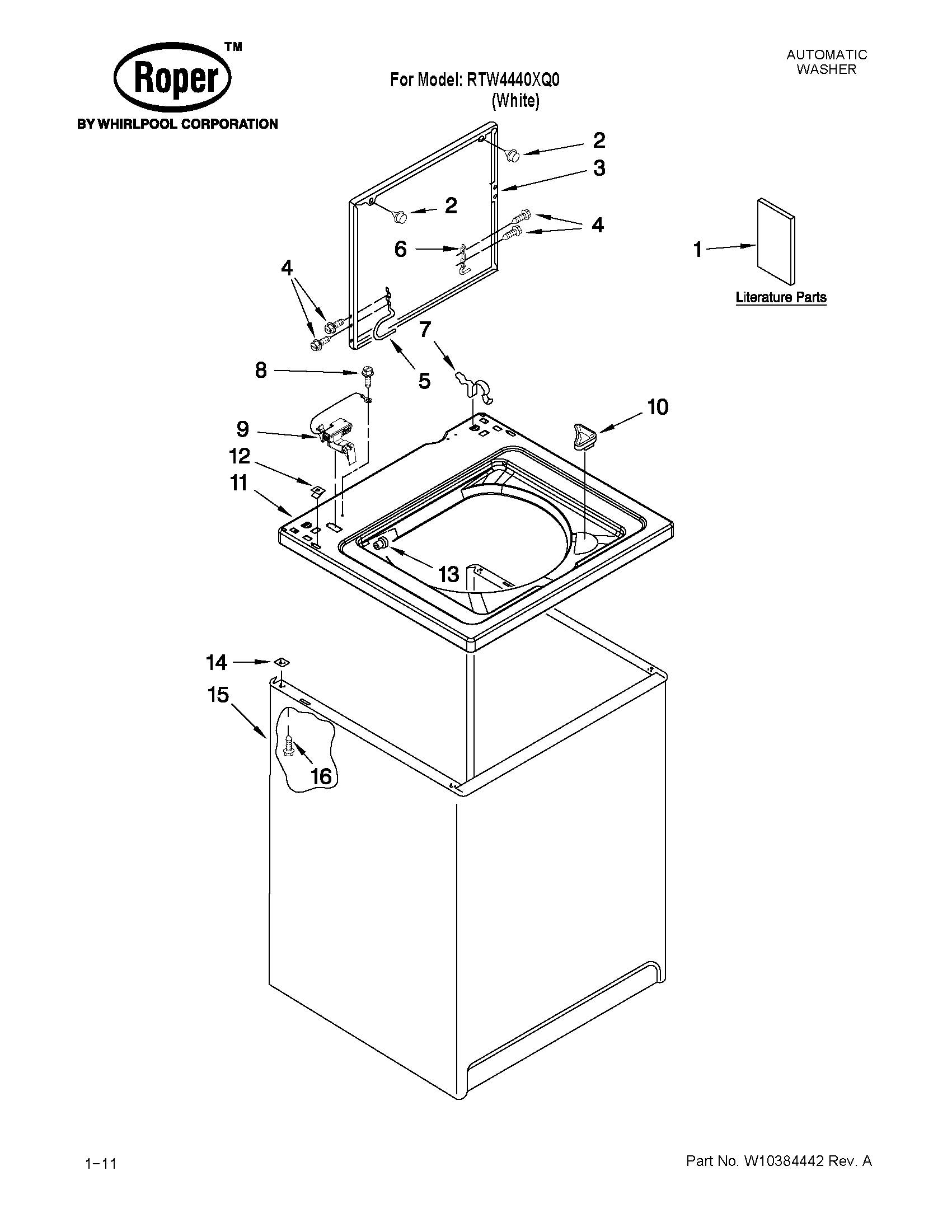 Roper RTW4440XQ0 top and cabinet parts diagram