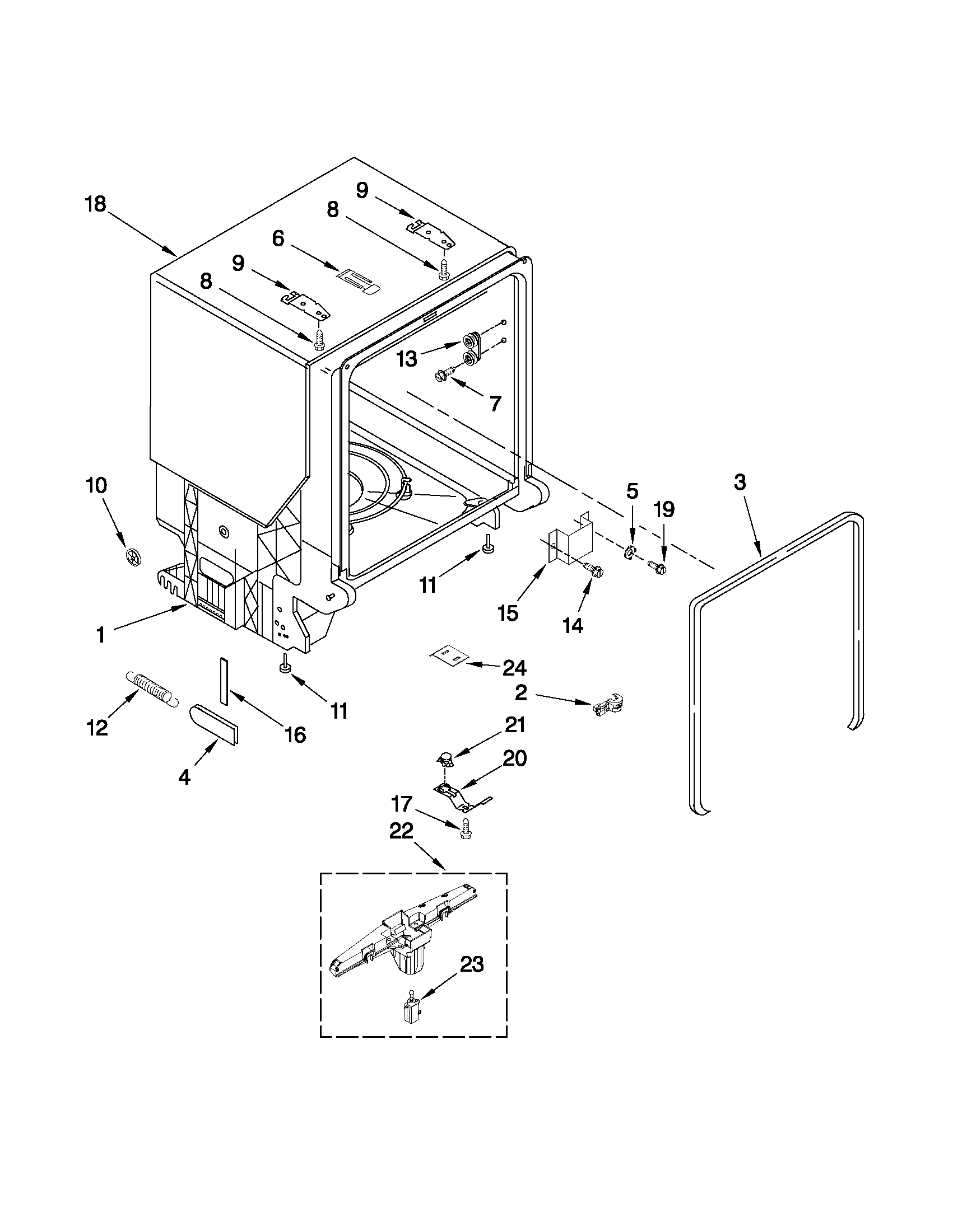 Whirlpool GU2300XTVT2 tub and frame parts diagram