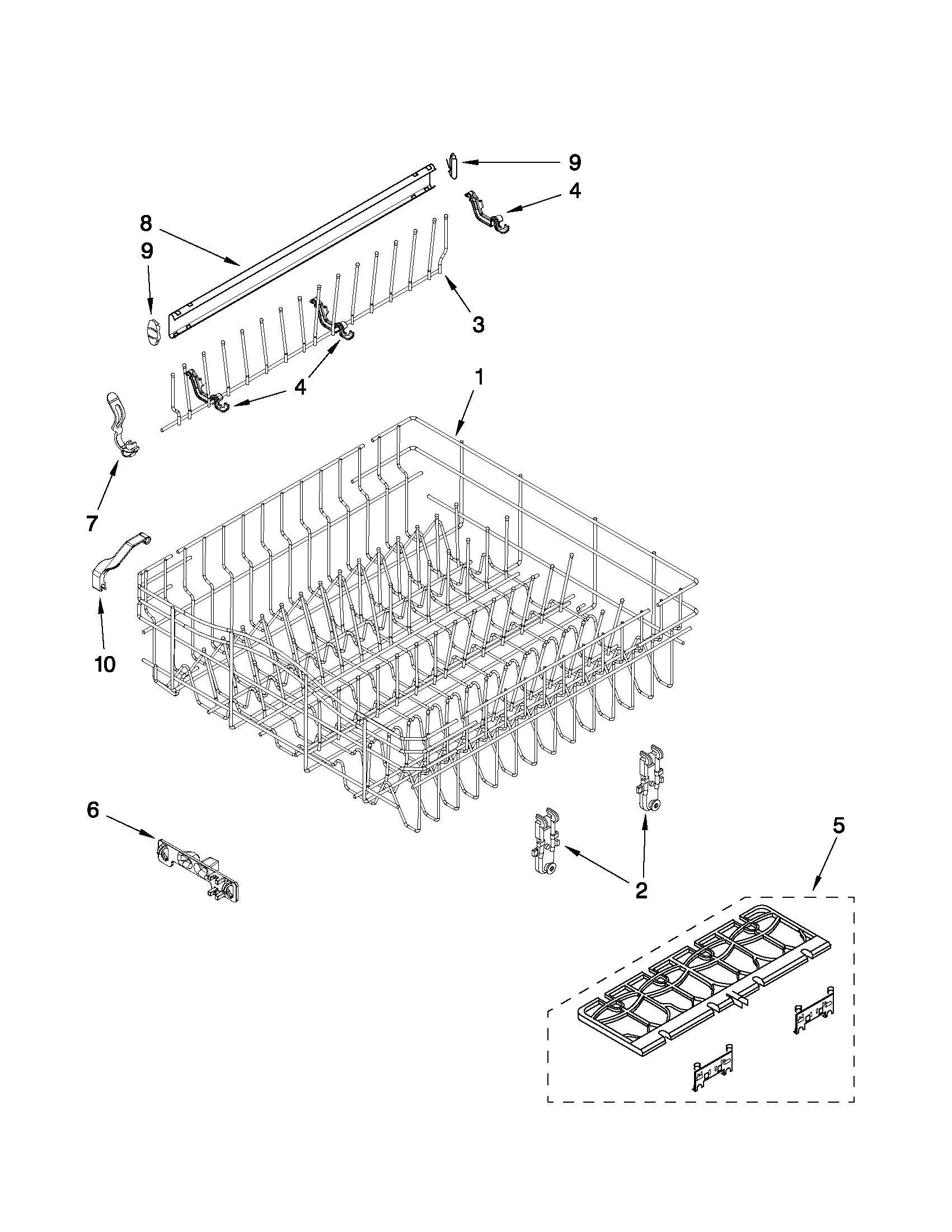 Whirlpool GU2475XTVB2 upper rack and track parts diagram