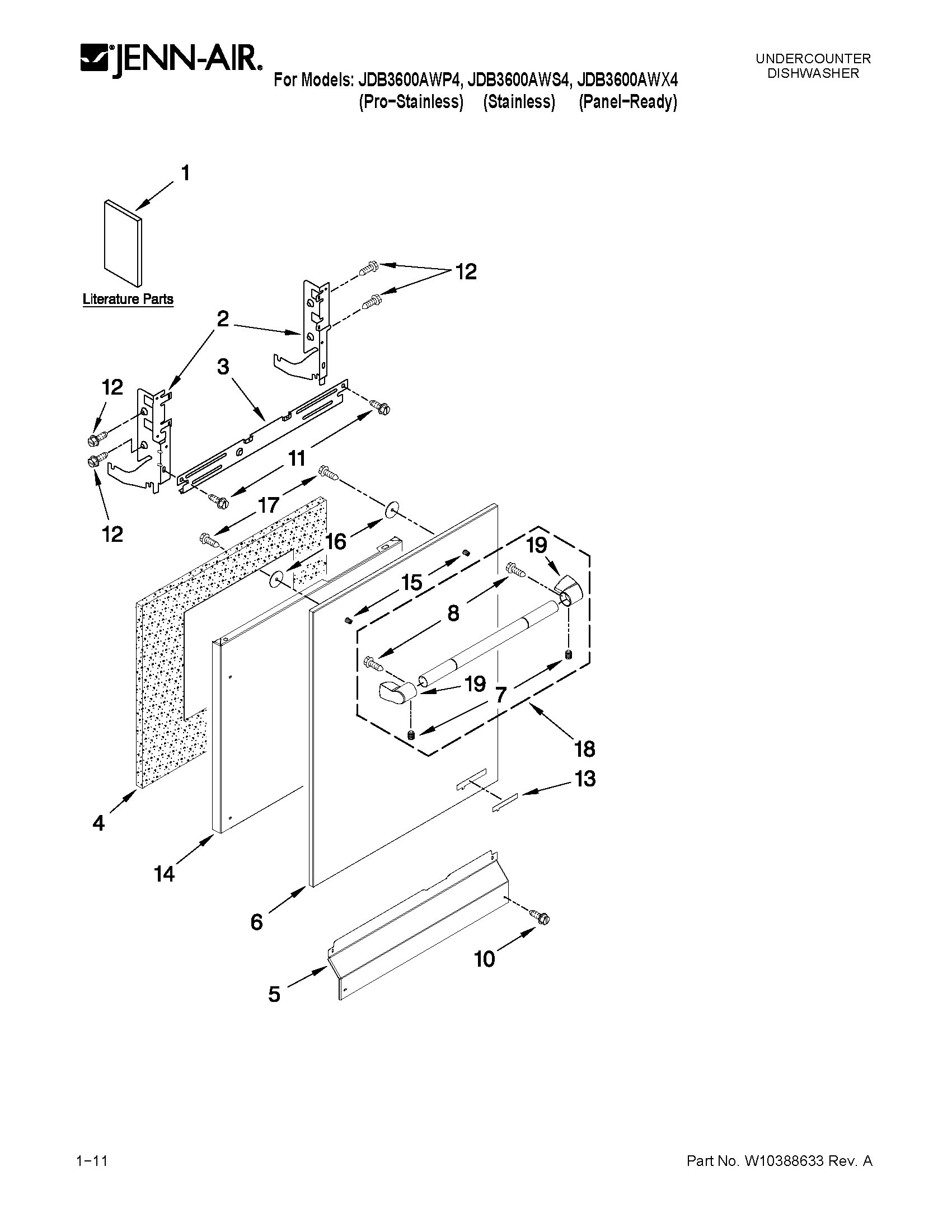 Jenn-Air JDB3600AWP4 door and panel parts diagram