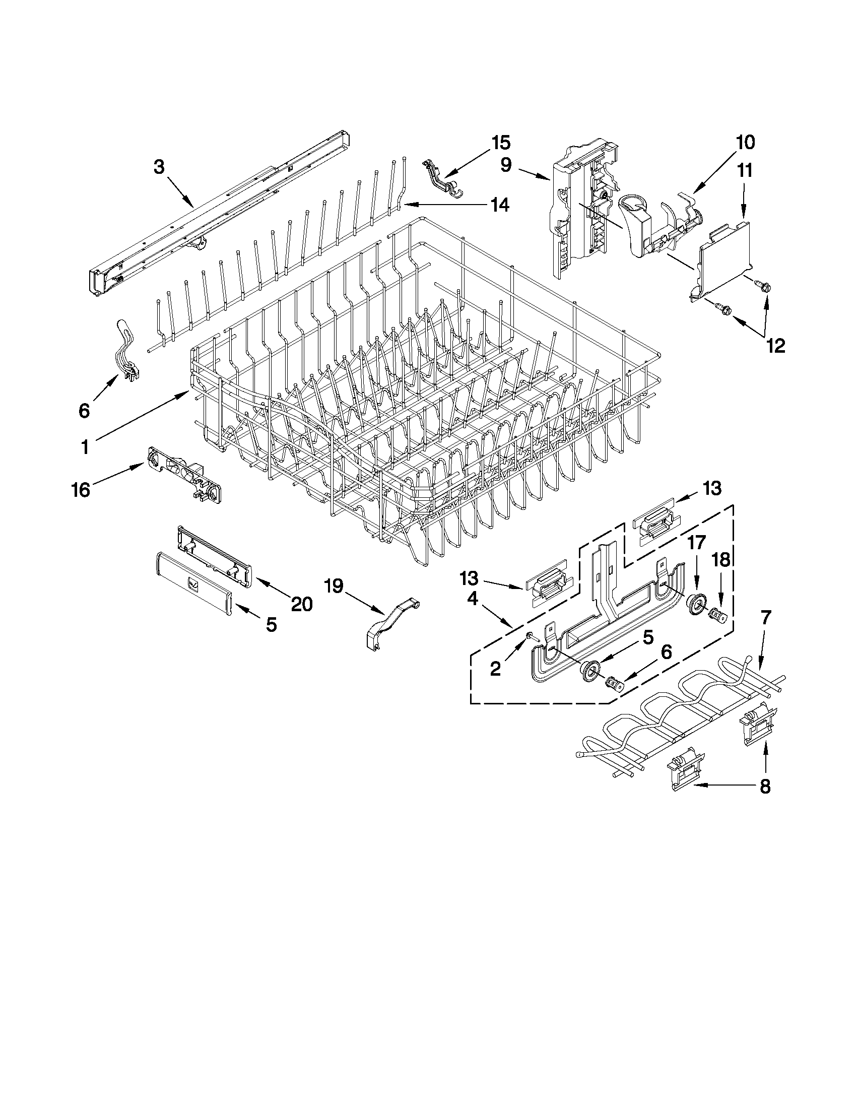 Jenn-Air JDB3600AWP4 upper rack and track parts diagram