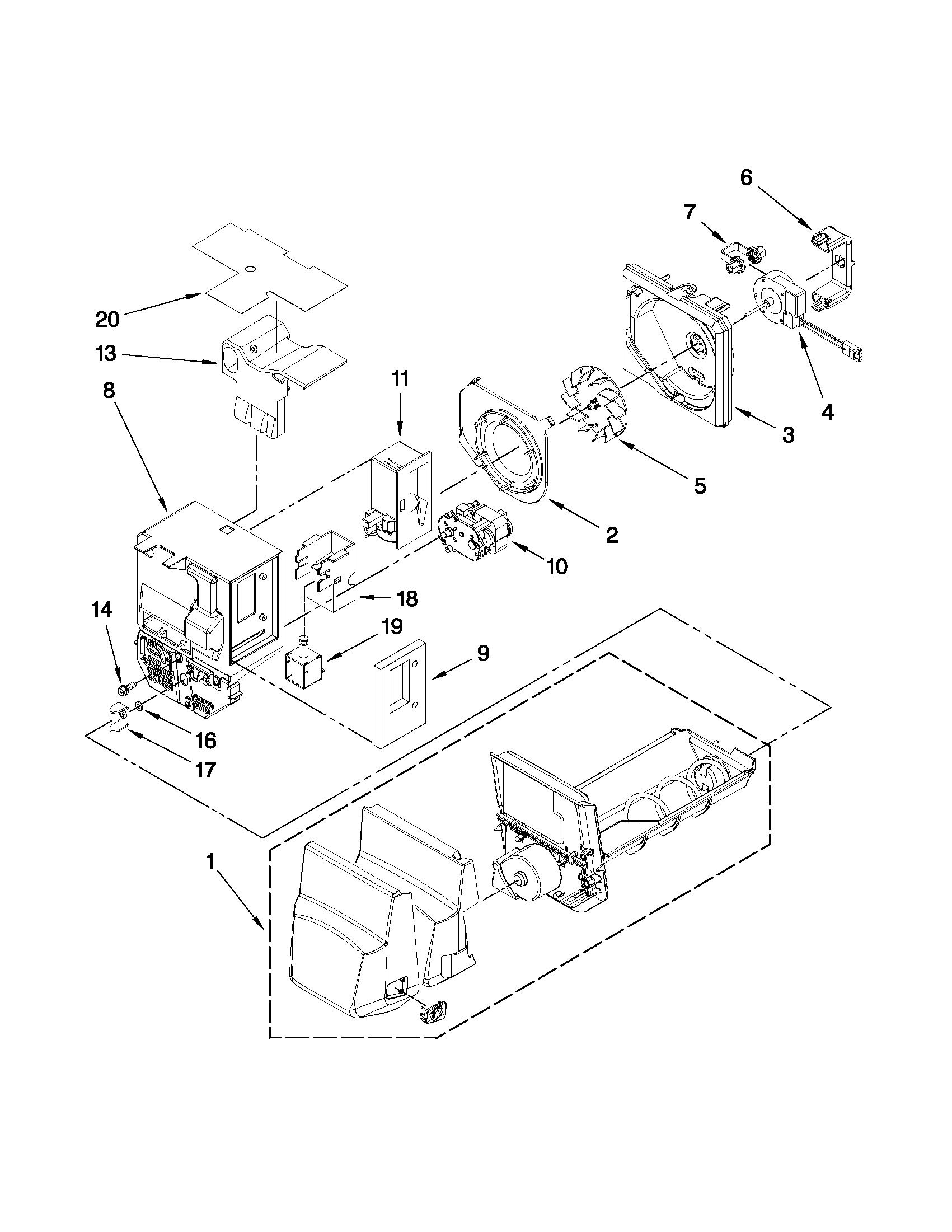 Maytag MFI2670XEM2 motor and ice container parts diagram