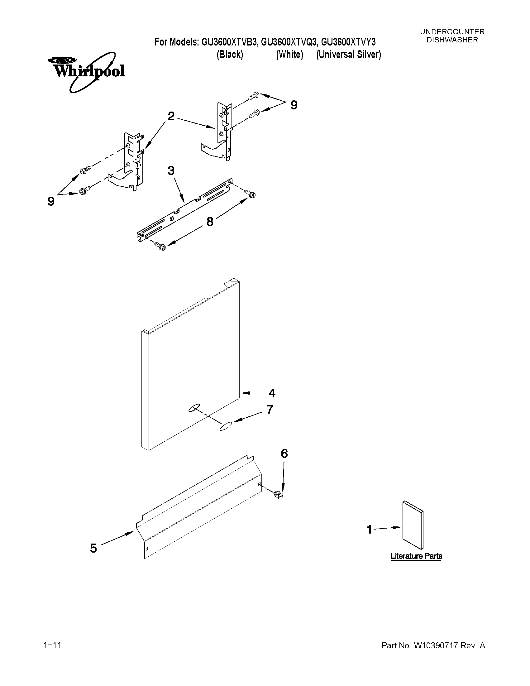 Whirlpool GU3600XTVB3 door and panel parts diagram