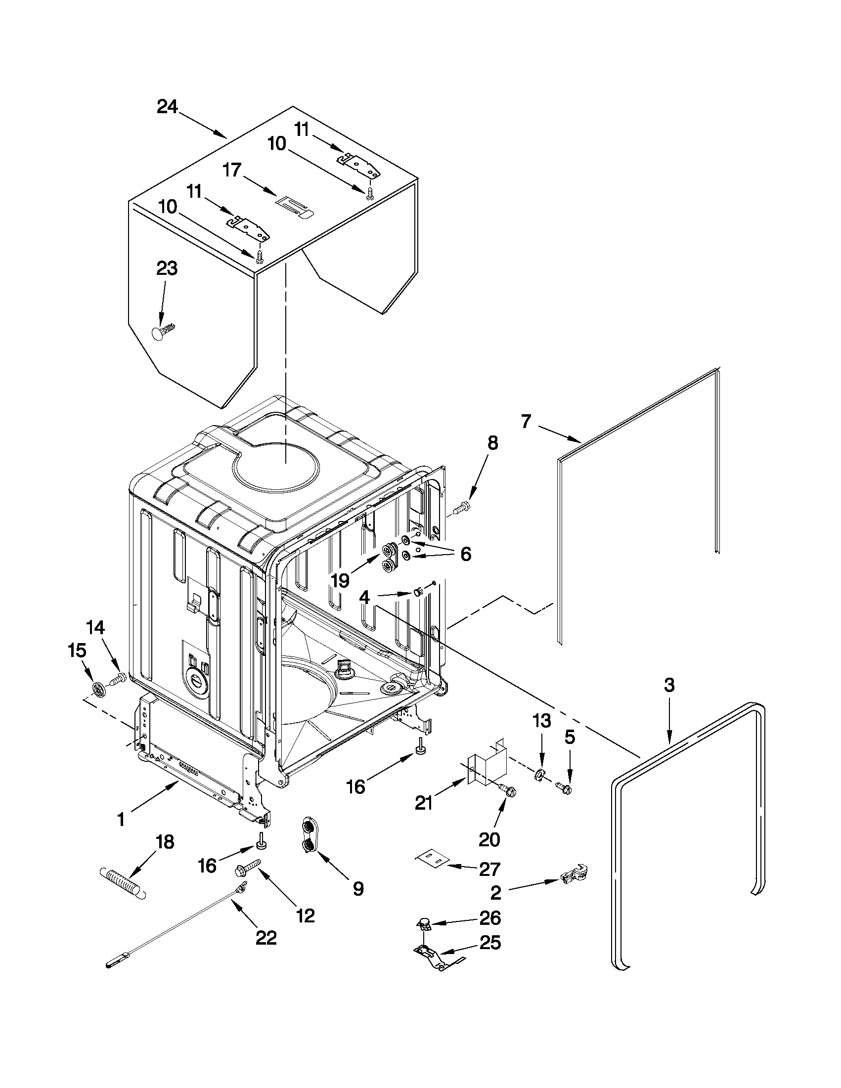 Whirlpool GU3600XTVB3 tub and frame parts diagram