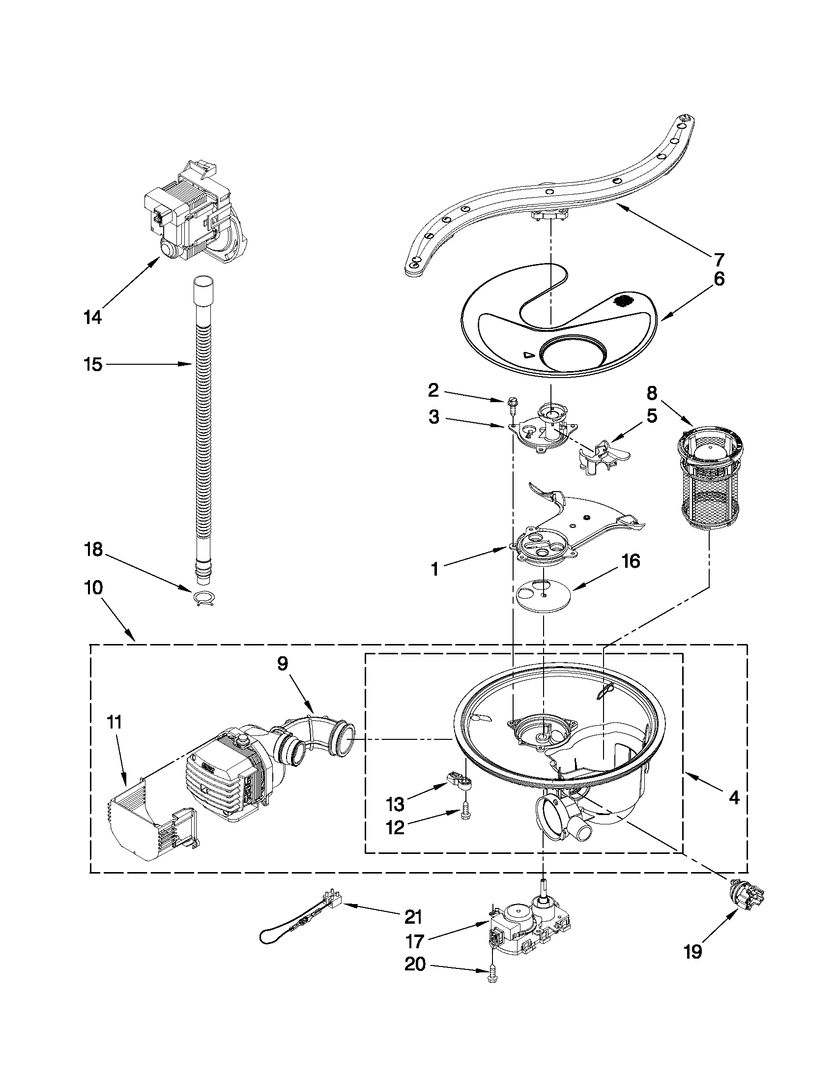 Whirlpool GU3600XTVB3 pump, washarm and motor parts diagram
