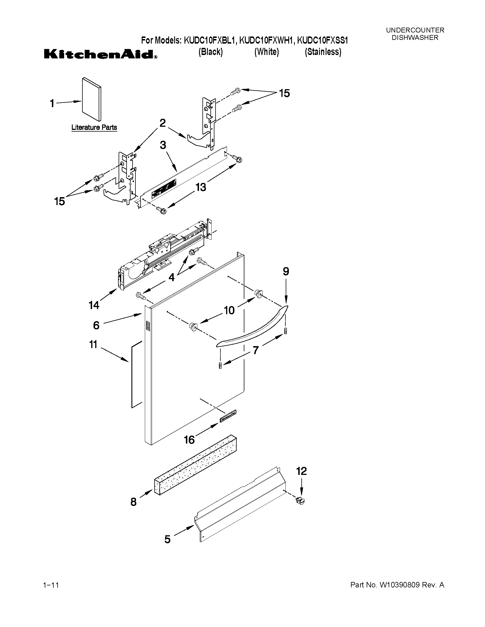 KitchenAid KUDC10FXWH1 door and panel parts diagram