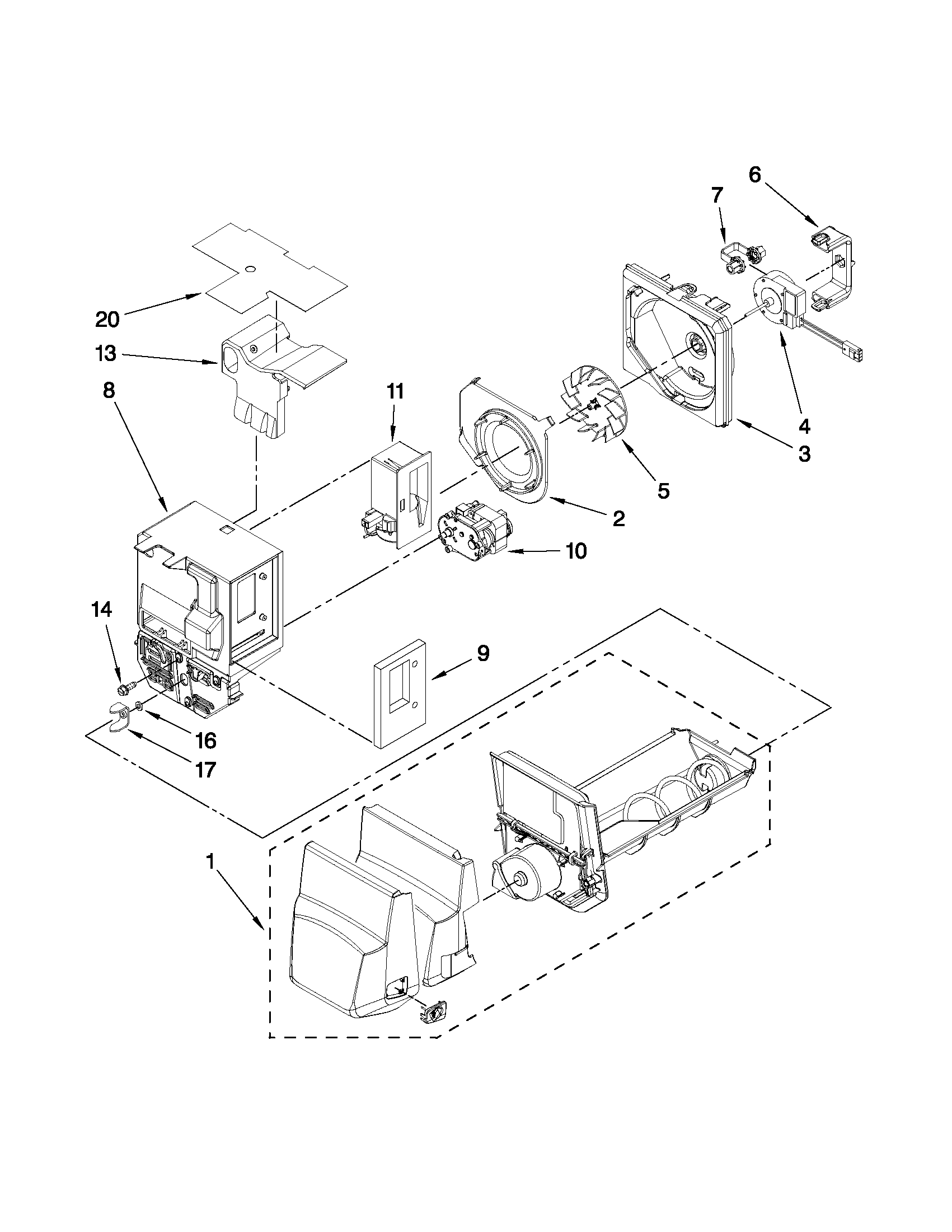 KitchenAid KFIS20XVMS6 motor and ice container parts diagram