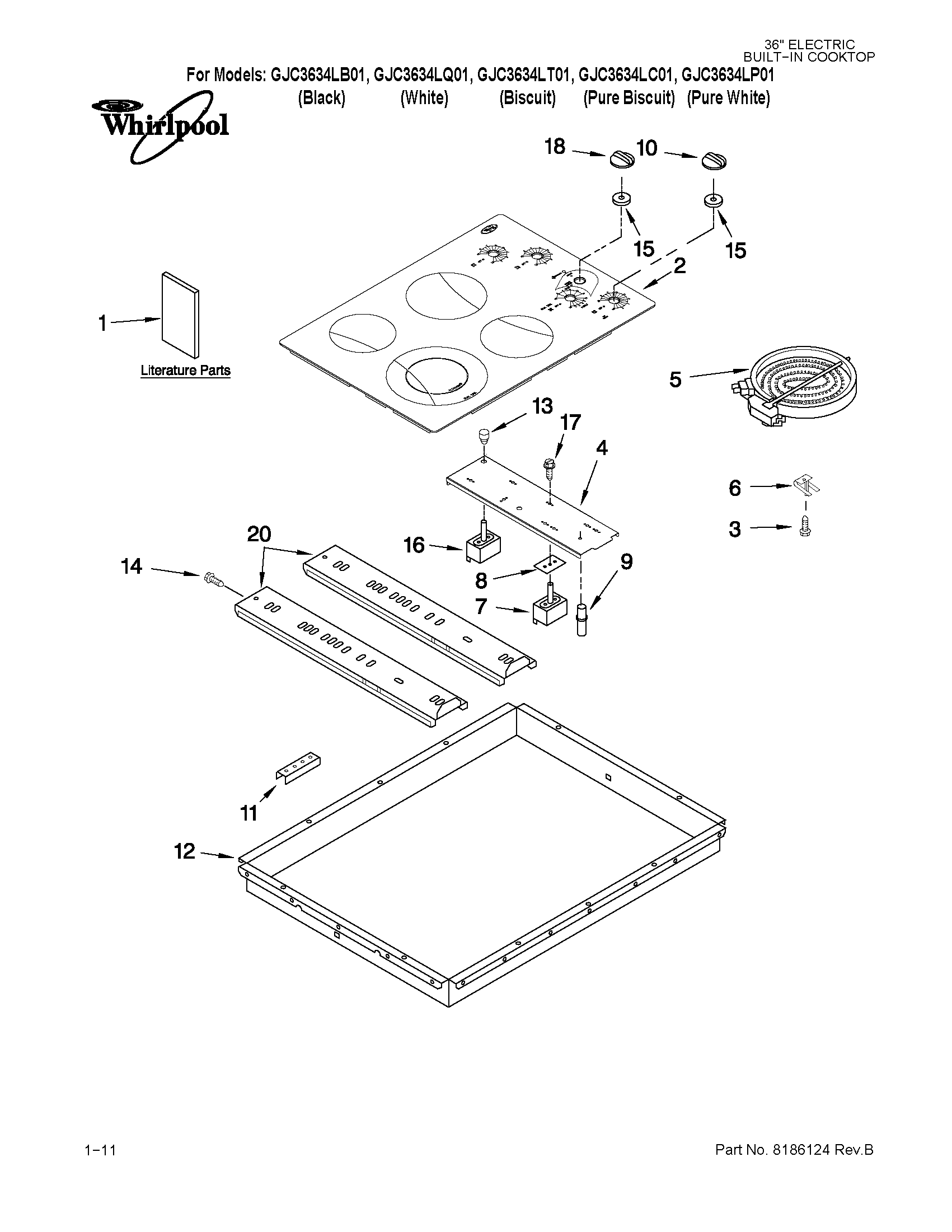 Whirlpool GJC3634LB01 cooktop parts diagram