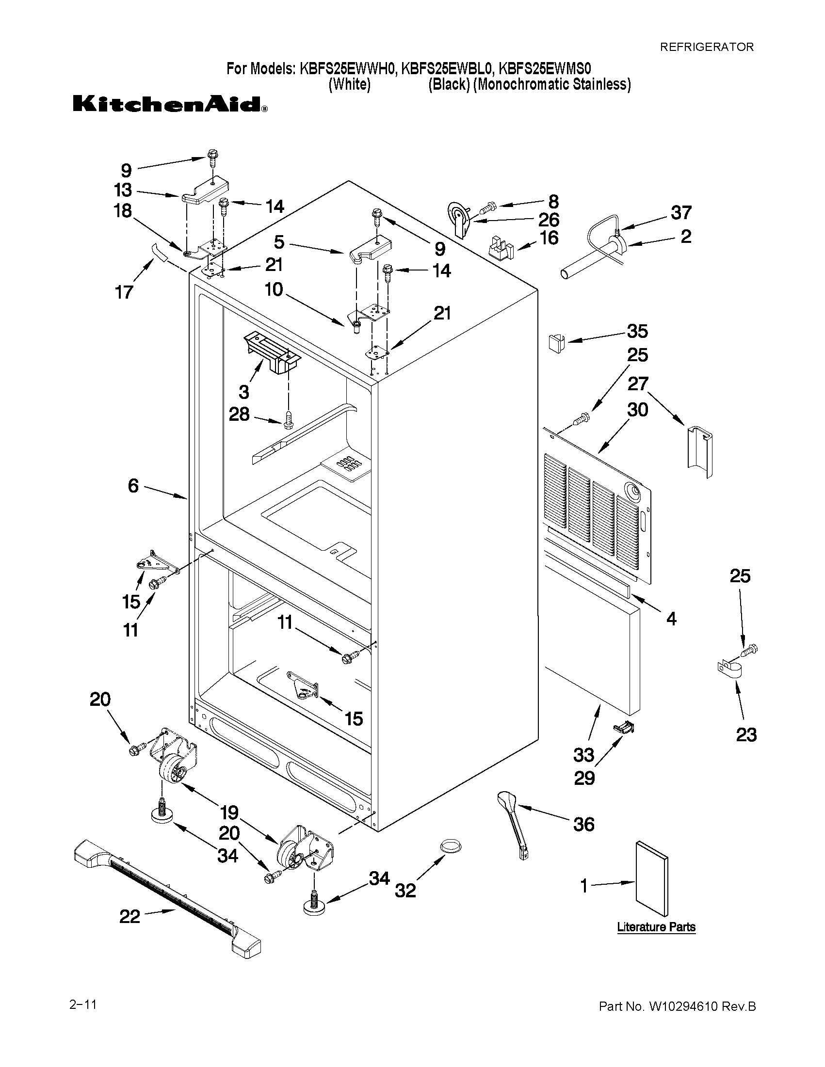 KitchenAid KBFS25EWWH0 cabinet parts diagram