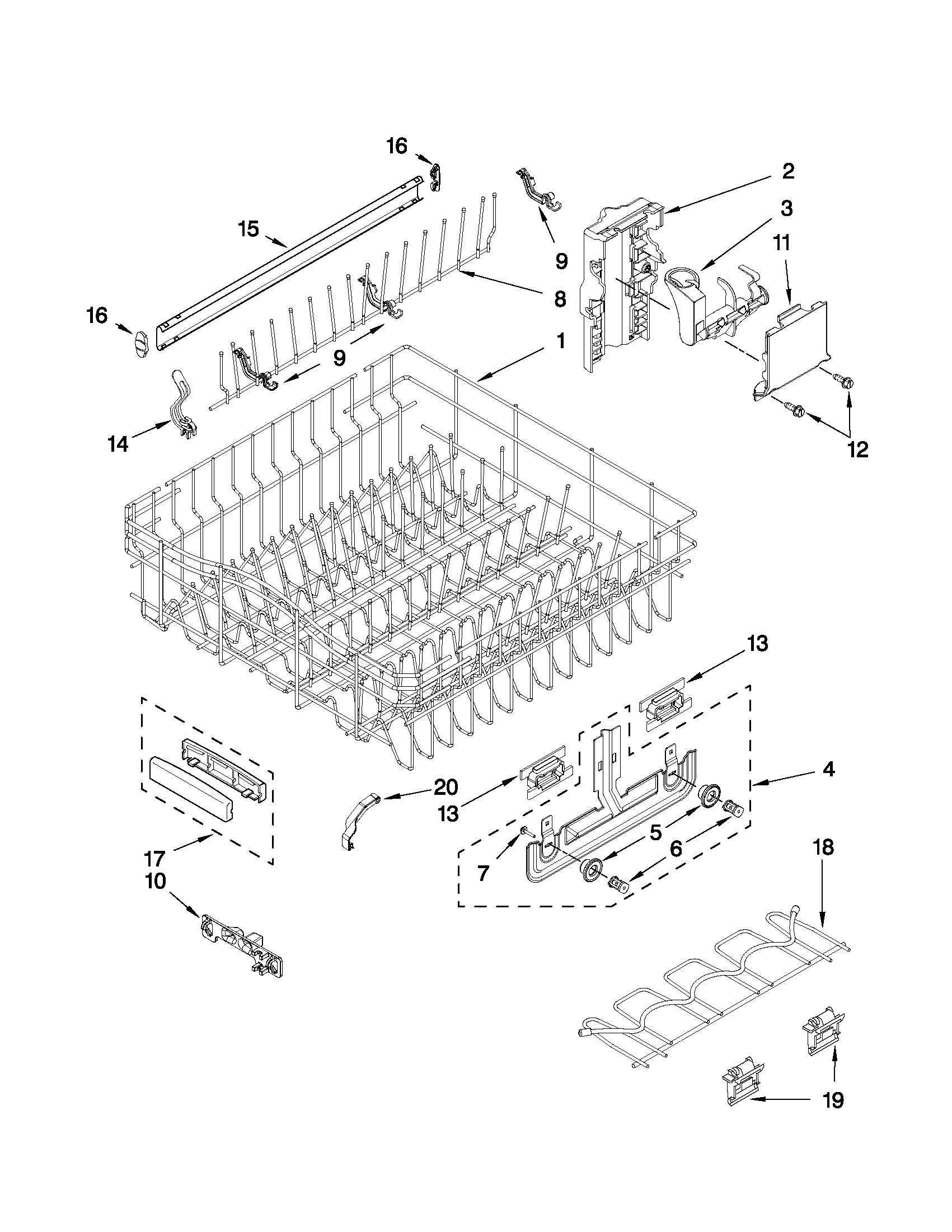 KitchenAid KUDS40FVSS5 upper rack and track parts diagram