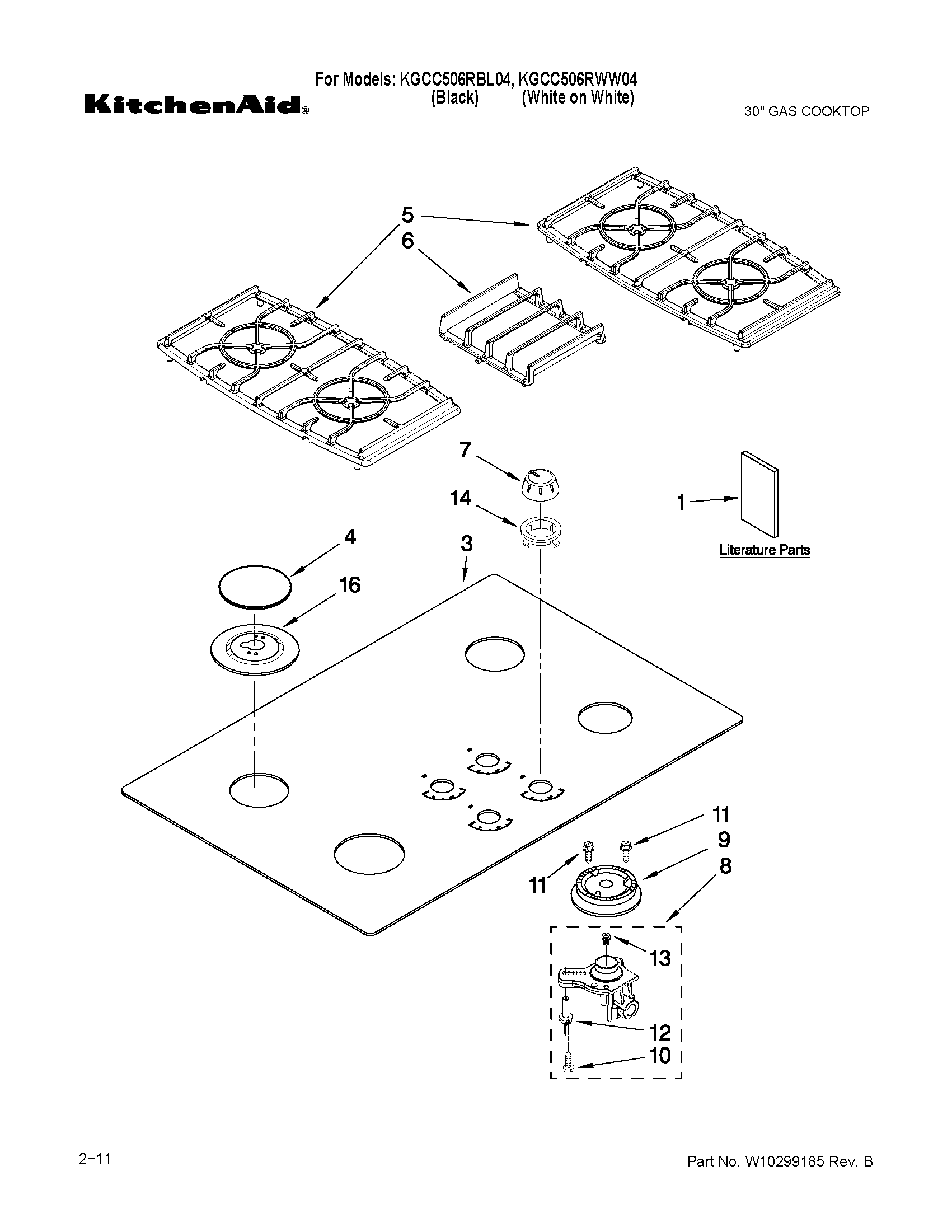 KitchenAid KGCC506RWW04 cooktop, burner and grate parts diagram