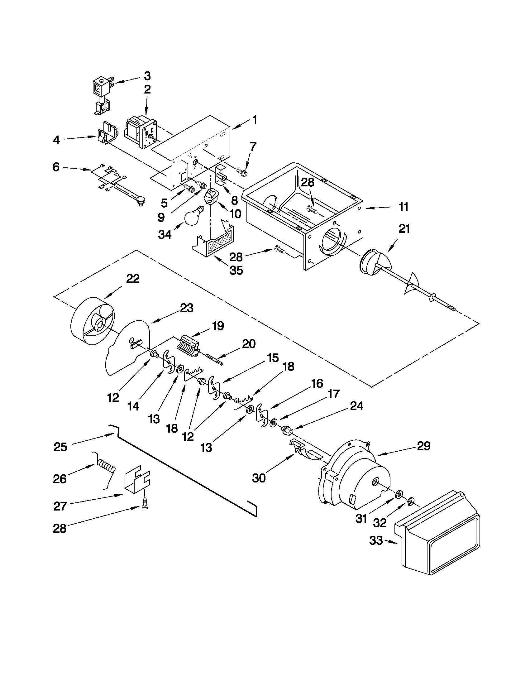 Whirlpool ED5FVGXWS05 motor and ice container parts diagram