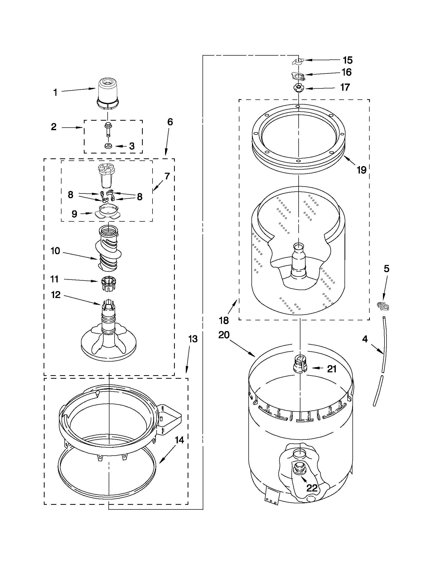 Inglis IV4600X0 agitator, basket and tub parts diagram