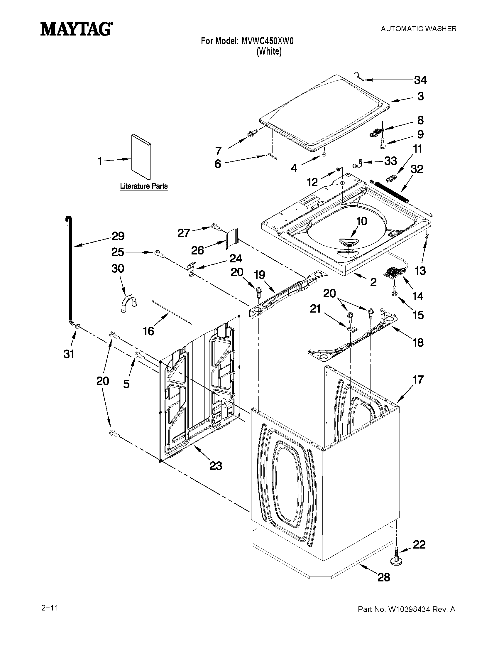 Maytag MVWC450XW0 top and cabinet parts diagram