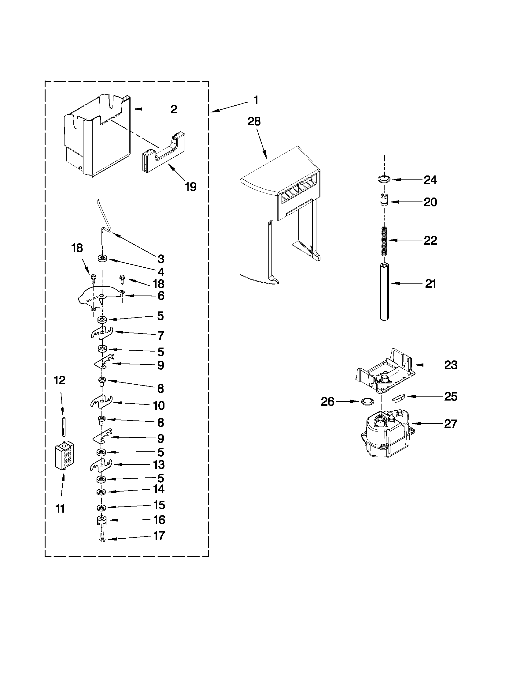 Whirlpool BRS70HRBNA00 motor and ice container parts diagram