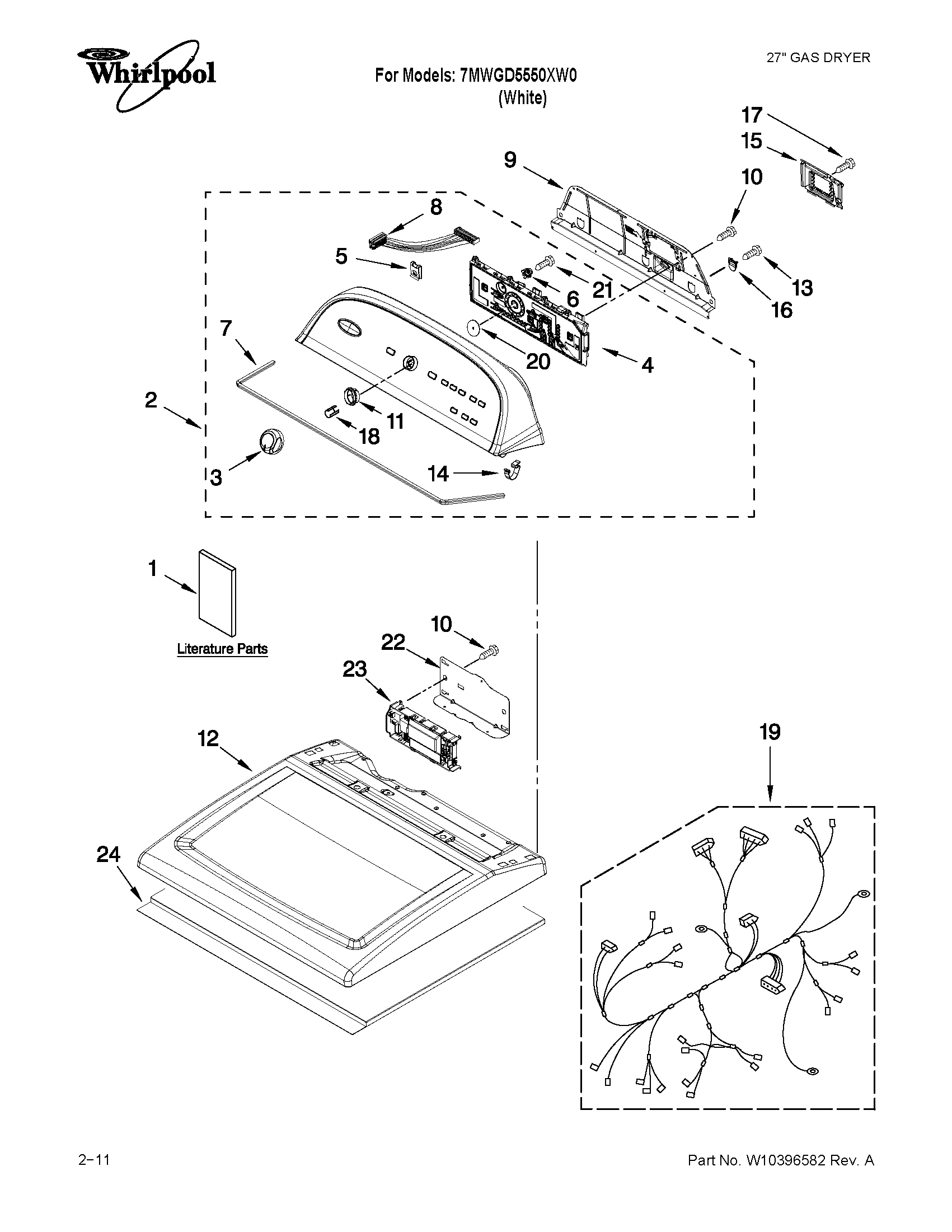 Whirlpool 7MWGD5550XW0 top and console parts diagram