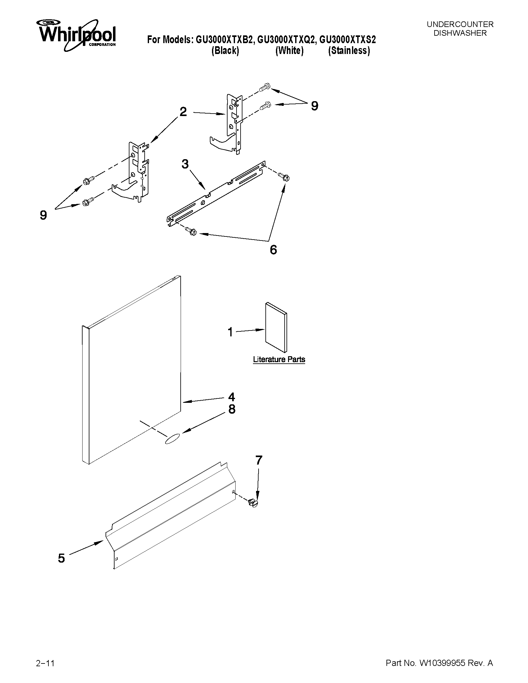 Whirlpool GU3000XTXB2 door and panel parts diagram