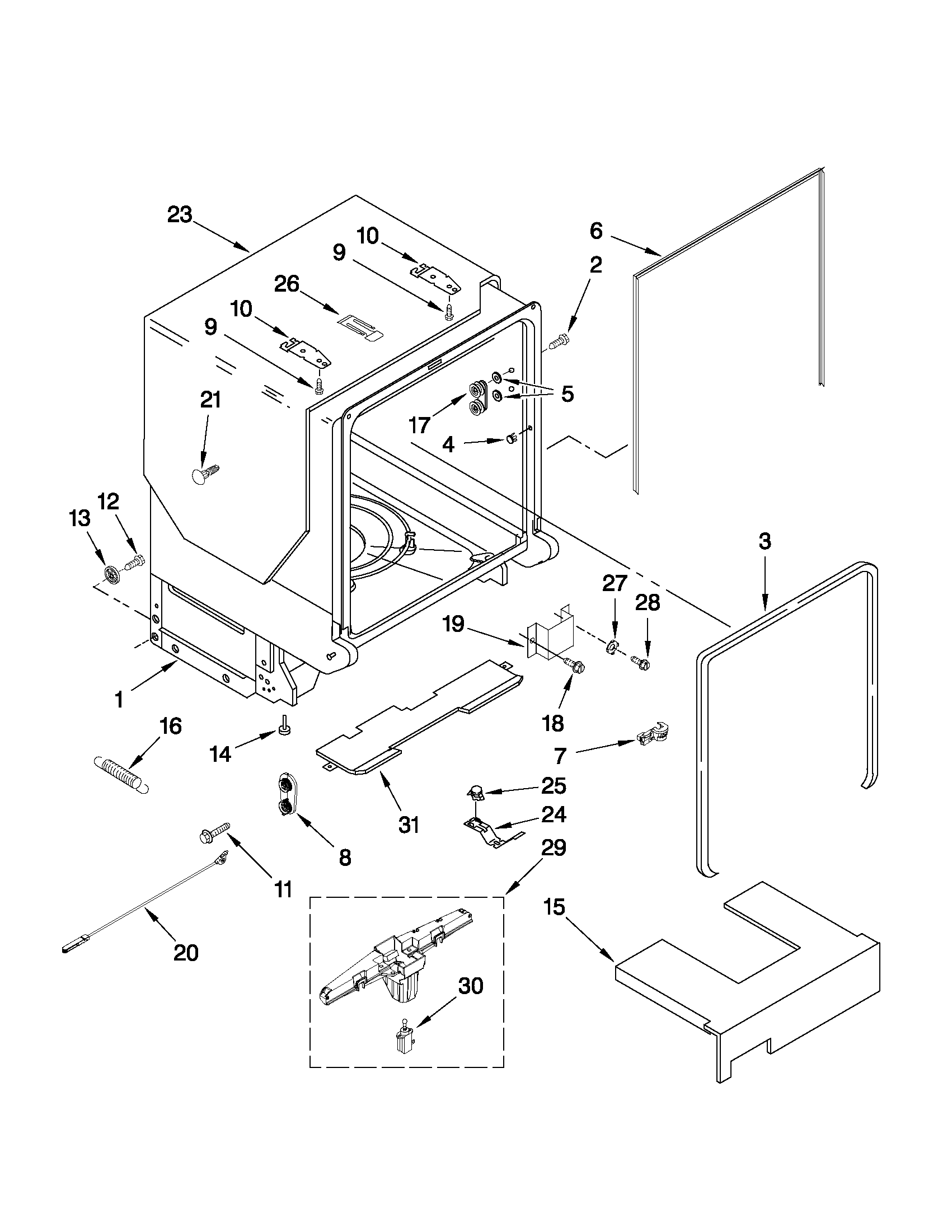 KitchenAid KUDS30IVSS4 tub and frame parts diagram