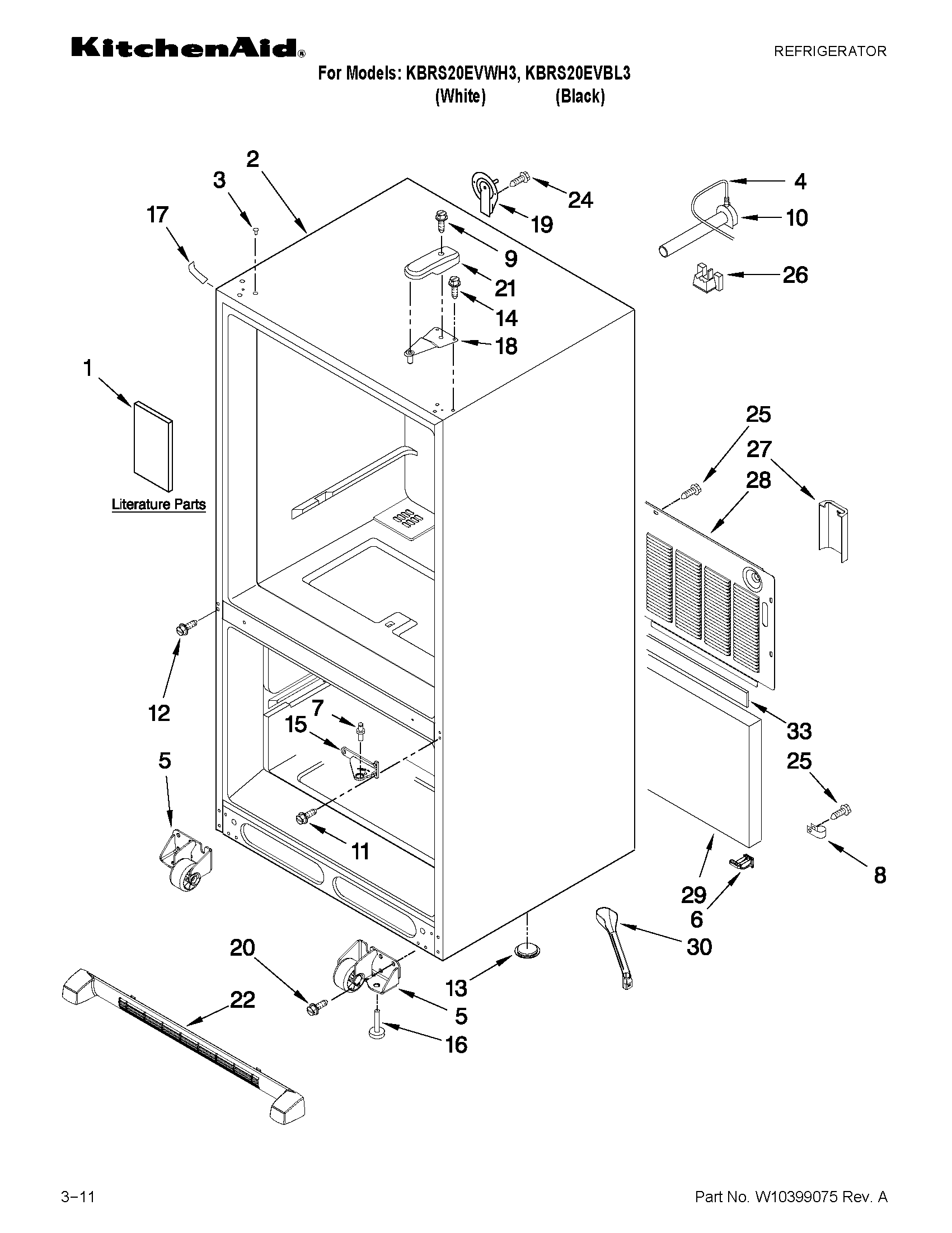 KitchenAid KBRS20EVWH3 cabinet parts diagram
