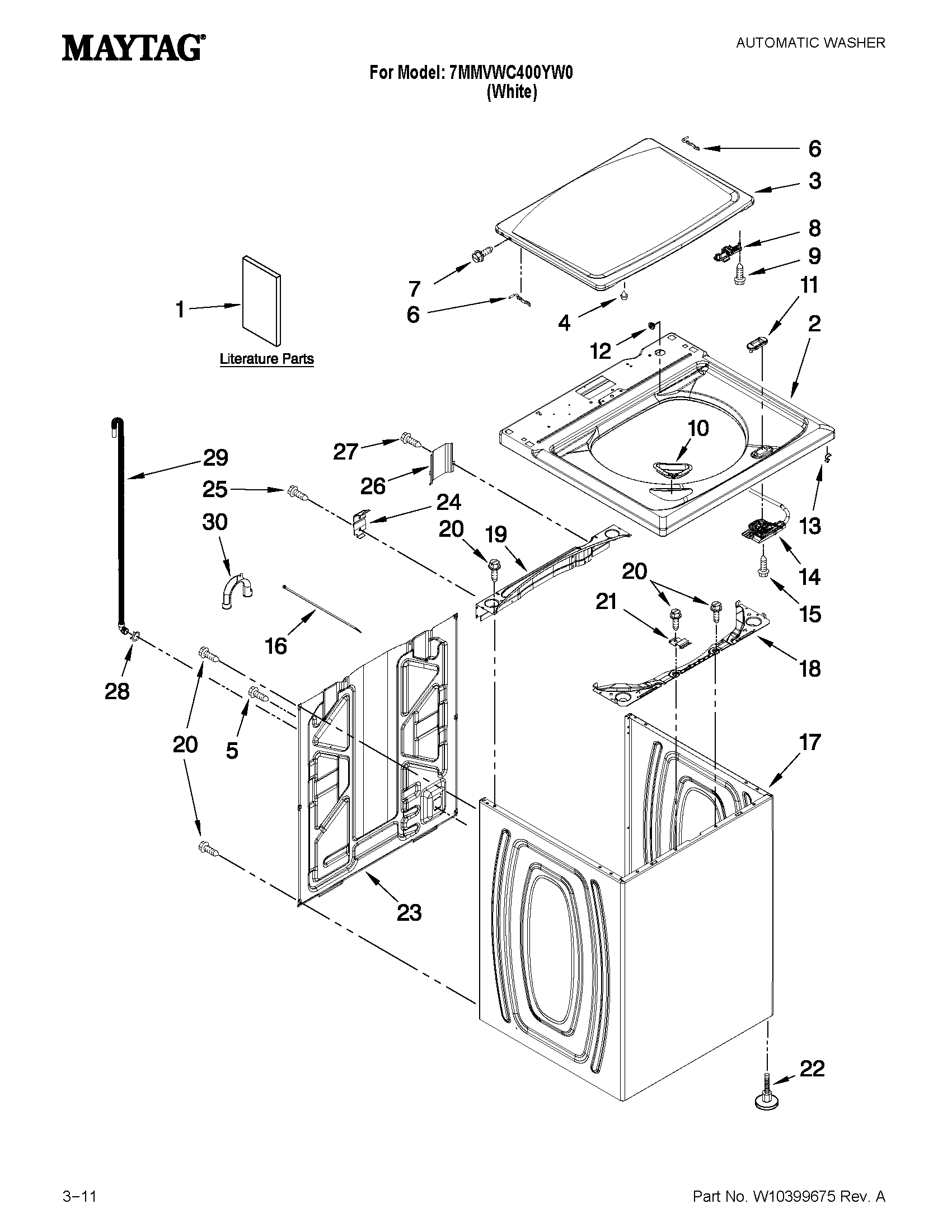 Maytag 7MMVWC400YW0 top and cabinet parts diagram