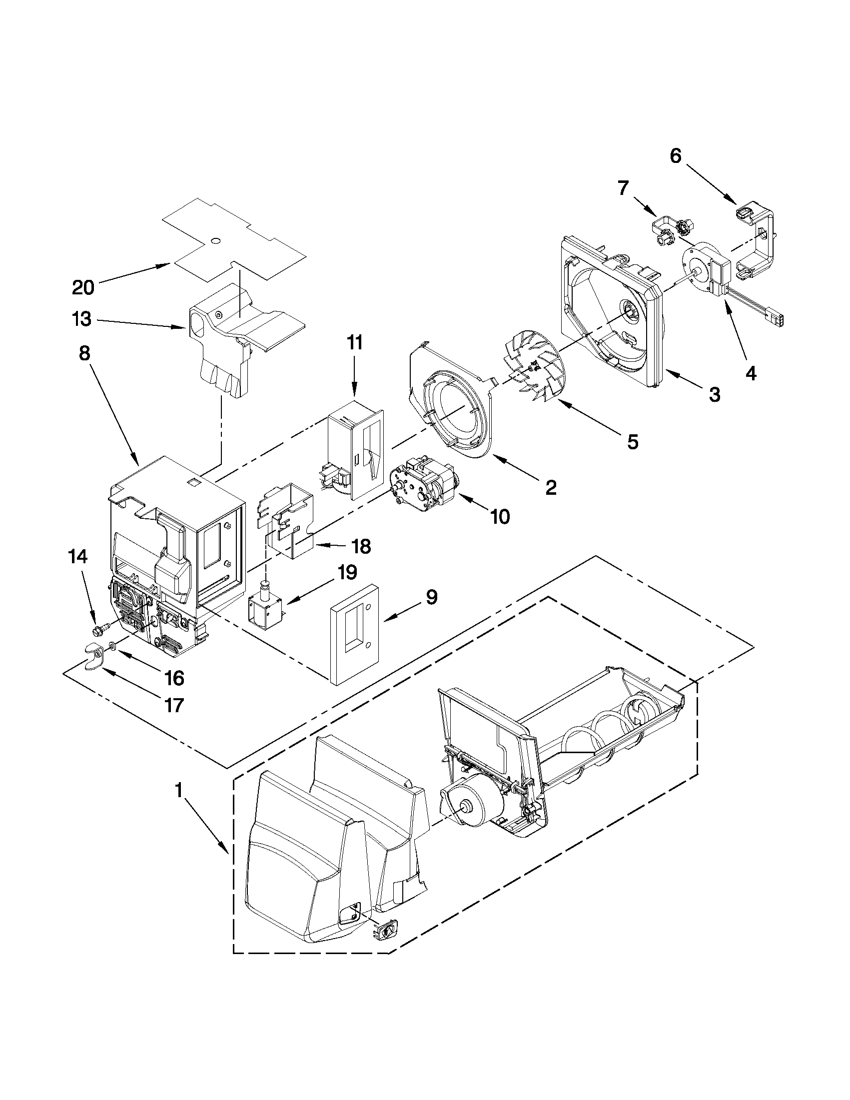 Maytag MFI2670XEM3 motor and ice container parts diagram