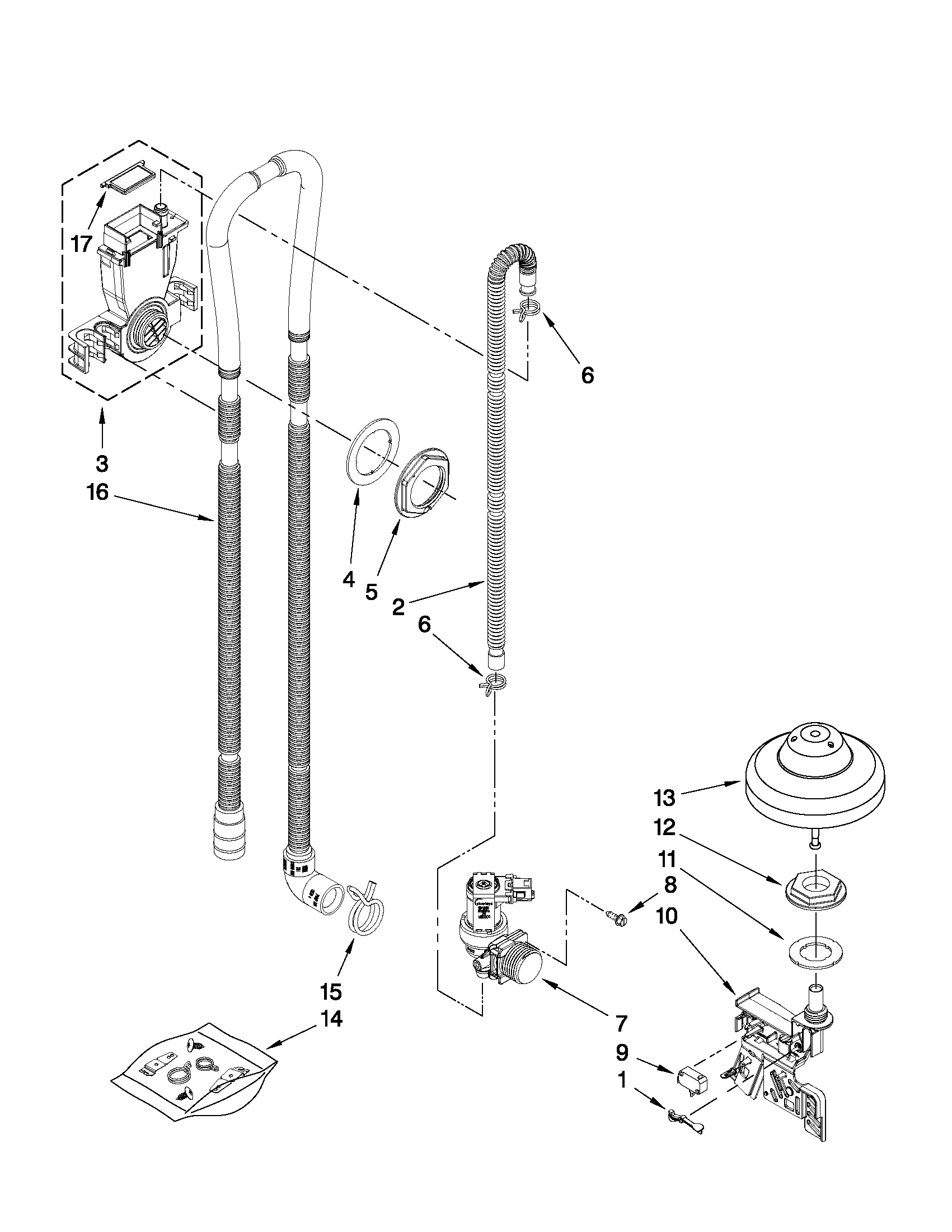 KitchenAid KUDC10FXBL2 fill, drain and overfill parts diagram