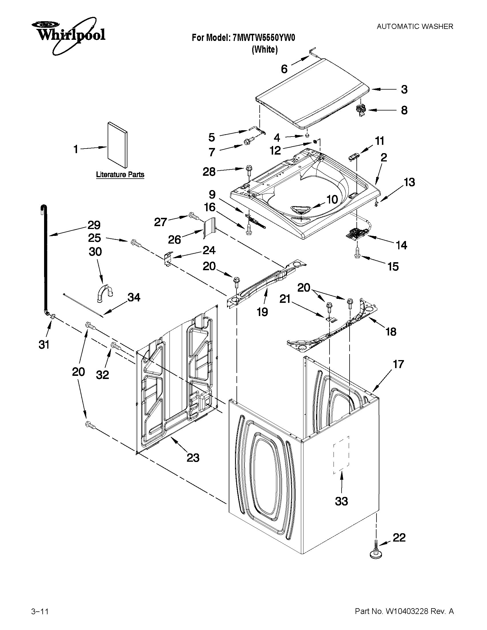 Whirlpool 7MWTW5550YW0 top and cabinet parts diagram