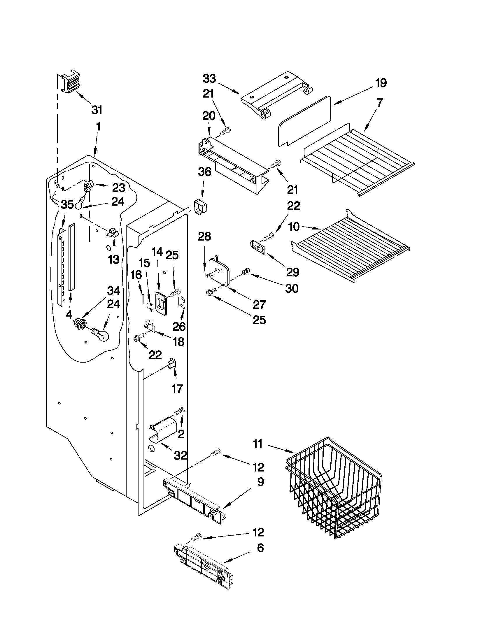 Maytag MSD2559XEW01 freezer liner parts diagram