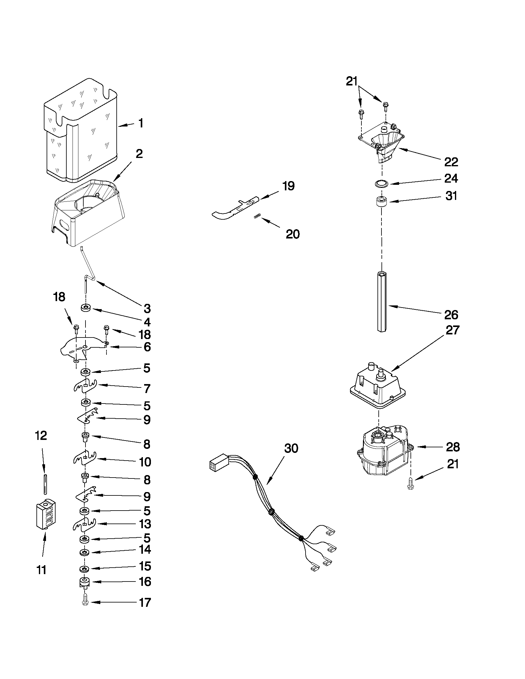 Maytag MSD2559XEW01 motor and ice container parts diagram