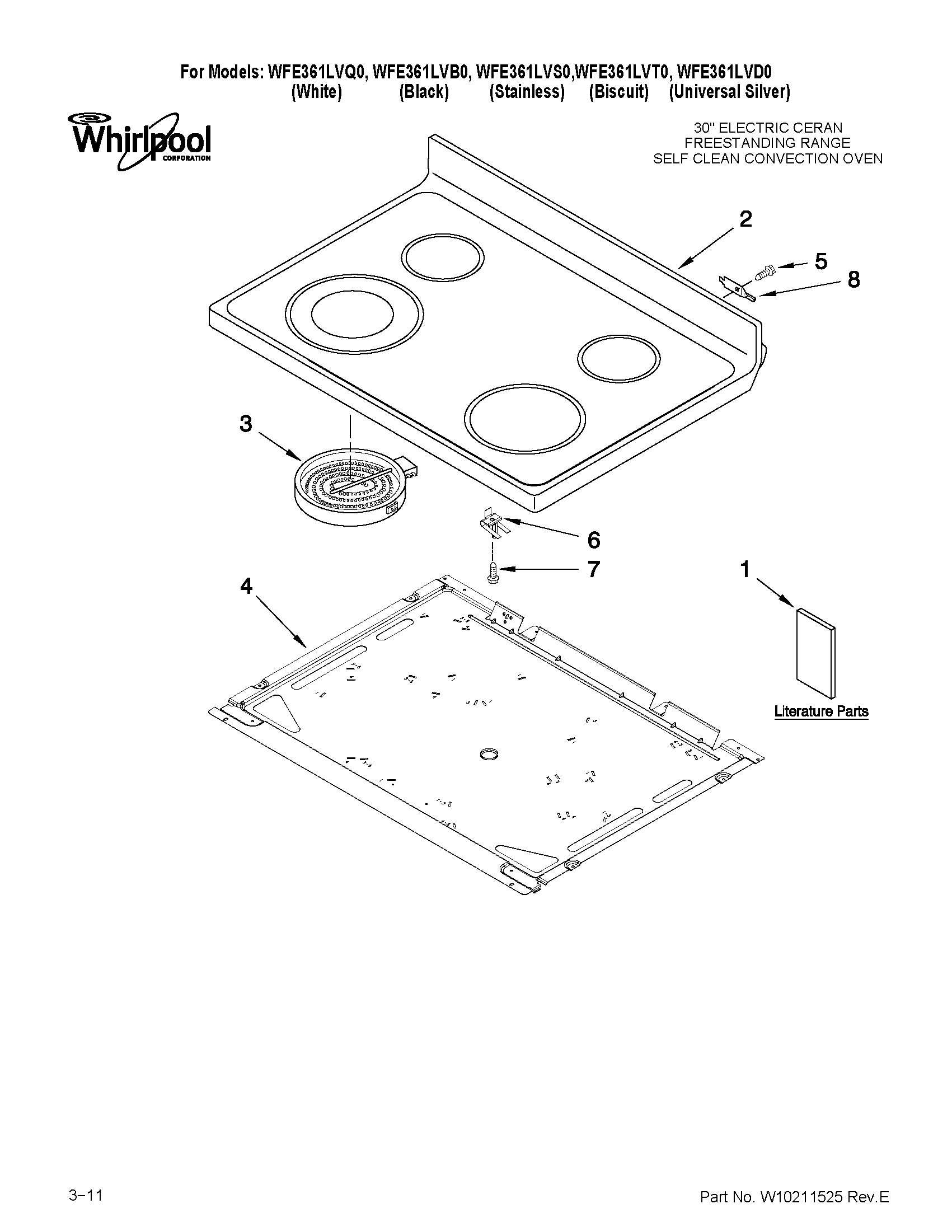 Whirlpool WFE361LVB0 cooktop parts diagram