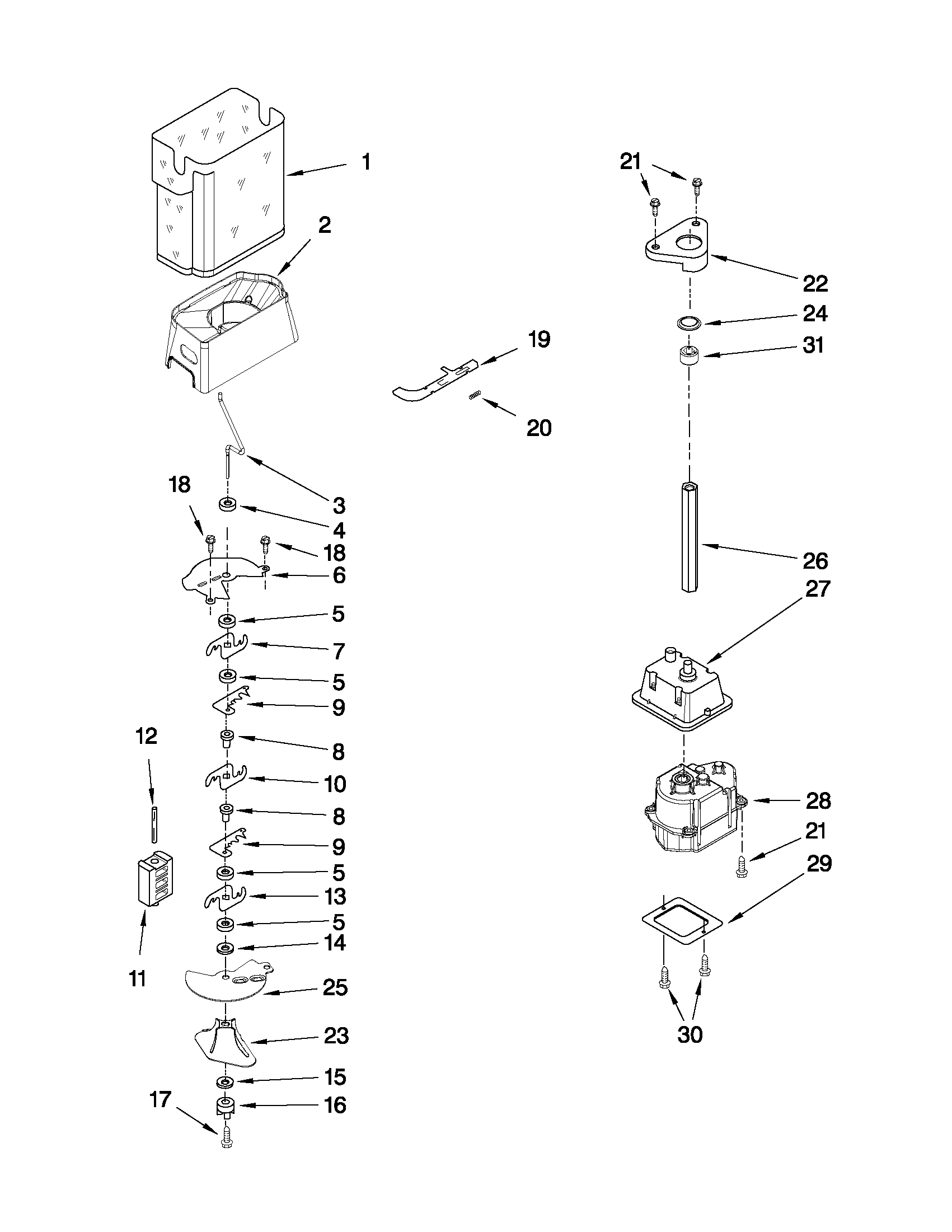 Whirlpool ED5LVAXWB02 motor and ice container parts diagram