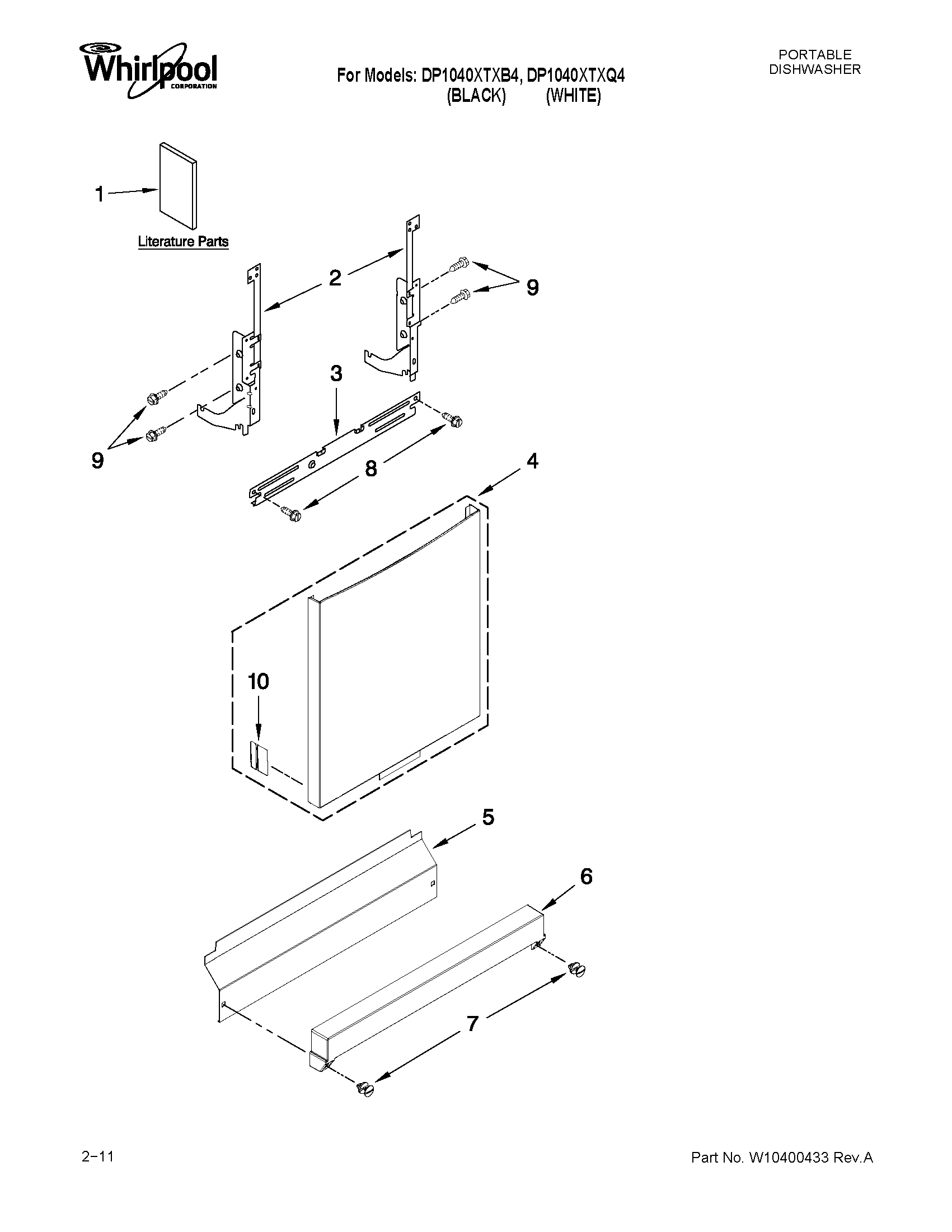 Whirlpool DP1040XTXB4 door and panel parts diagram
