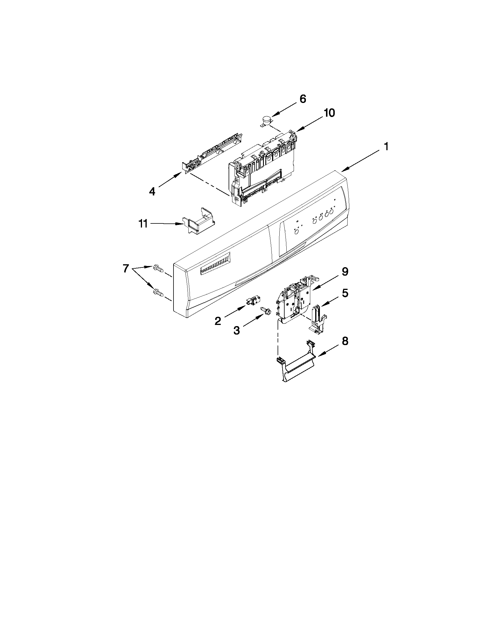 Whirlpool DP1040XTXB4 control panel and latch parts diagram